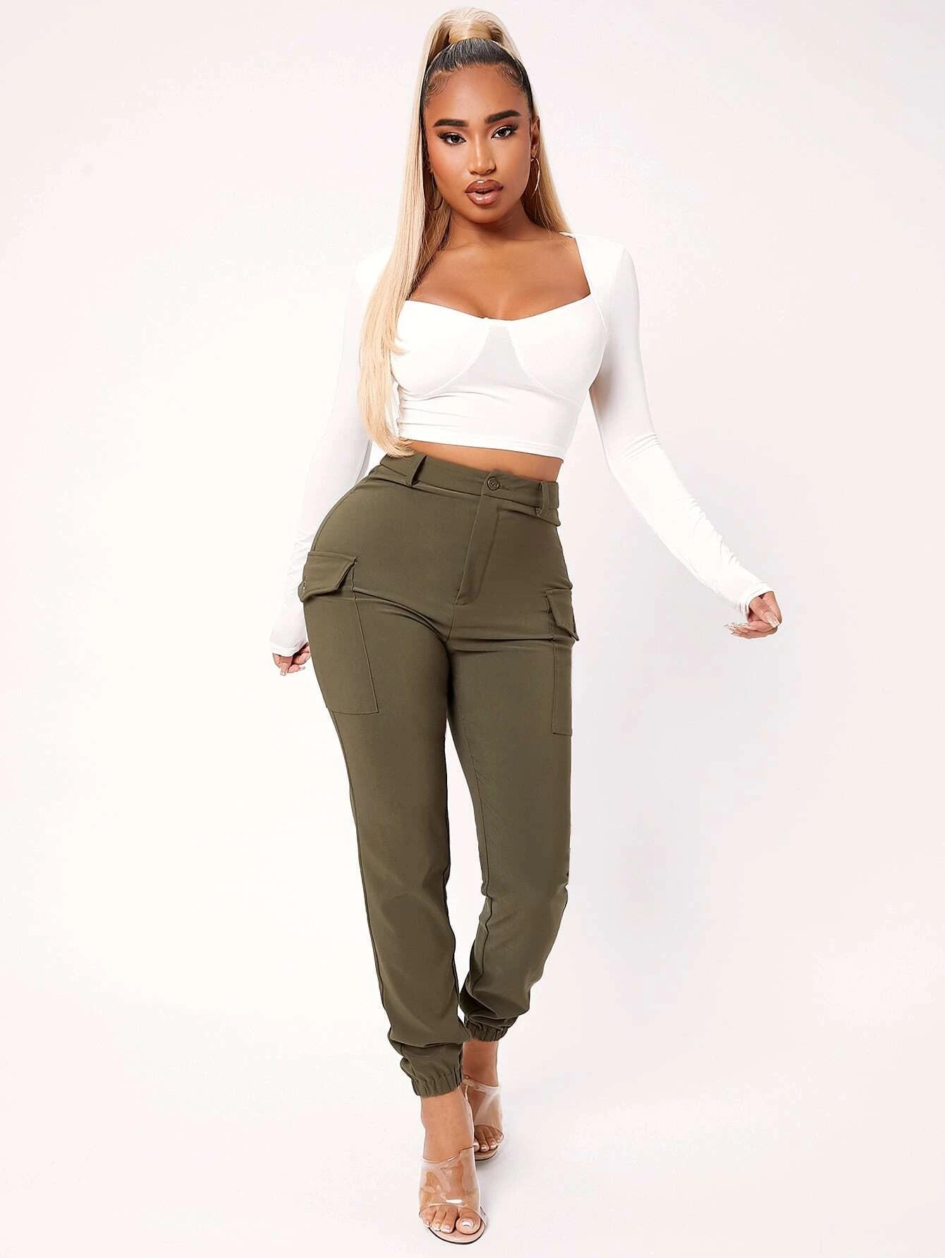 High Waist Flap Pocket Pants in Black – full length outfit view