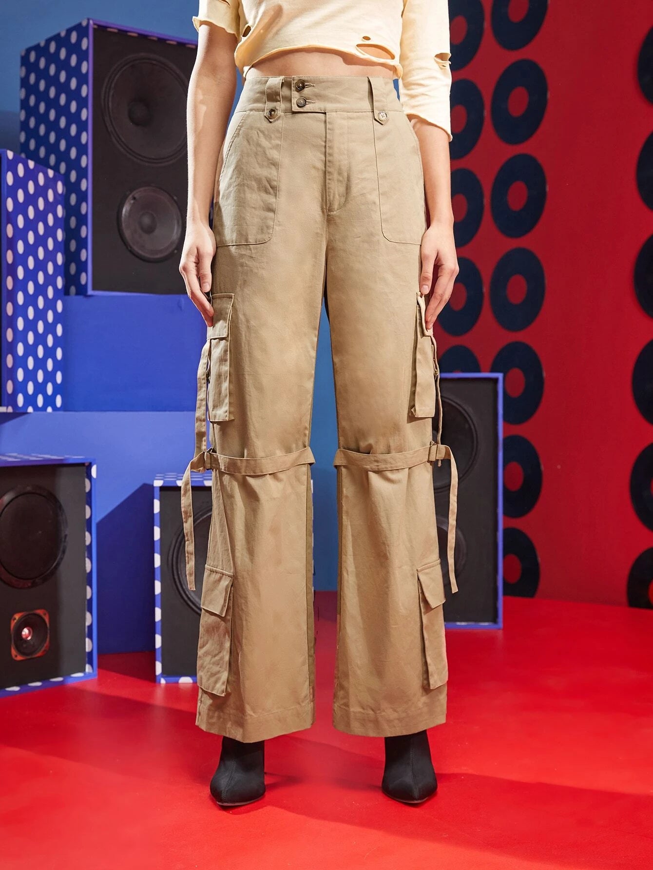 High Waist Buckle Strap Cargo Pant – side profile view