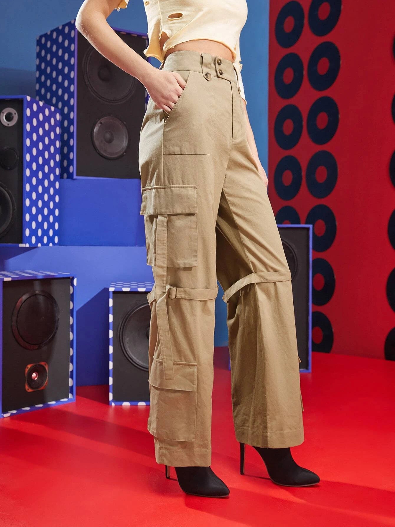 High Waist Buckle Strap Cargo Pant