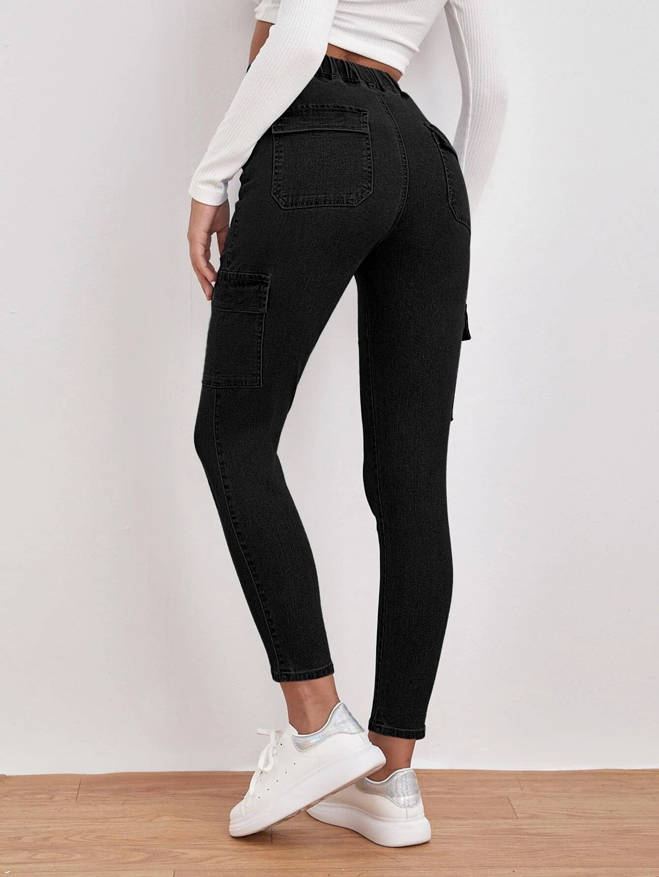 Drawstring Waist Flap Pocket Jeans in Black – side profile view