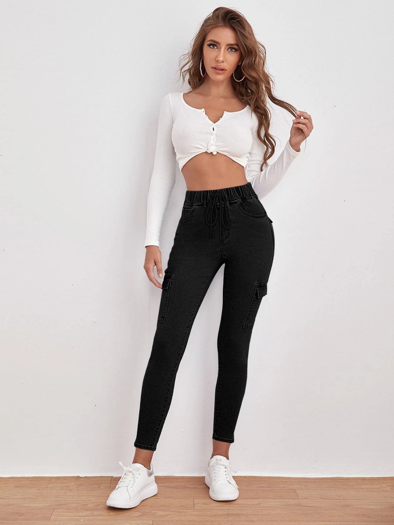 Drawstring Waist Flap Pocket Jean – pocket detail close-up