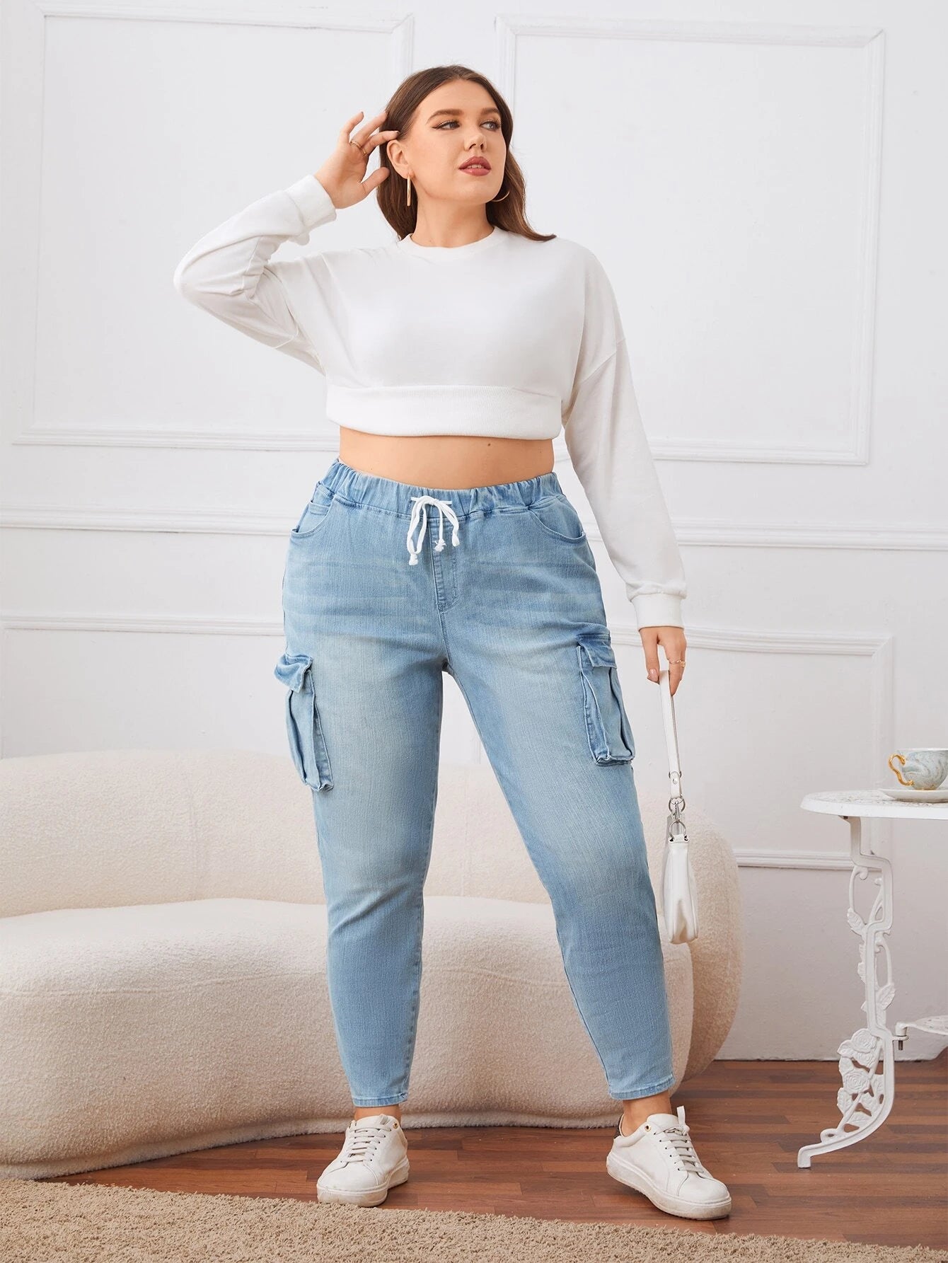 Drawstring Waist Flap Pocket Jeans – pocket detail close-up