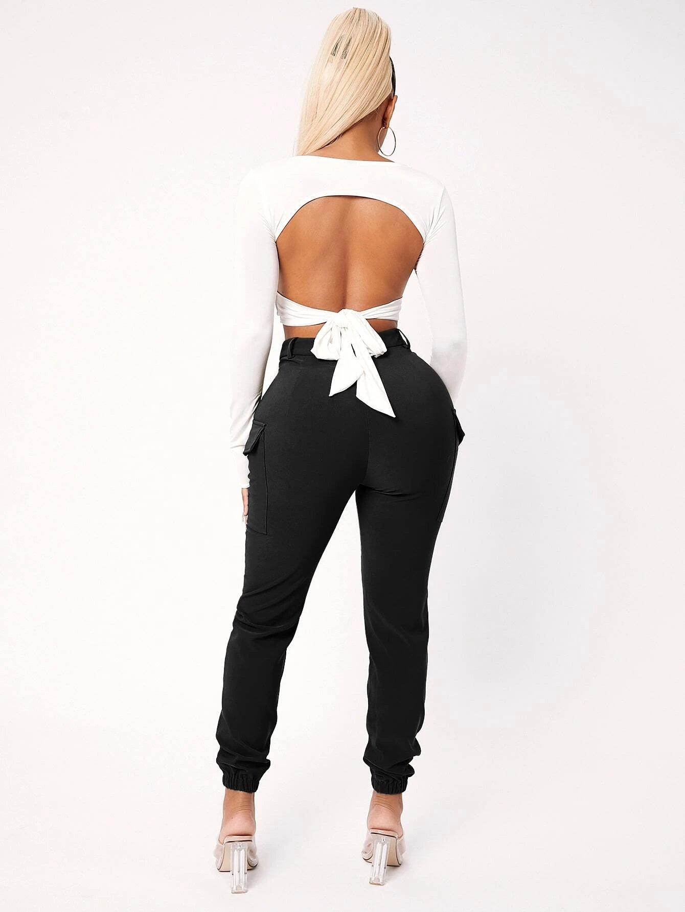 High Waist Flap Pocket Pants in Black – side profile view
