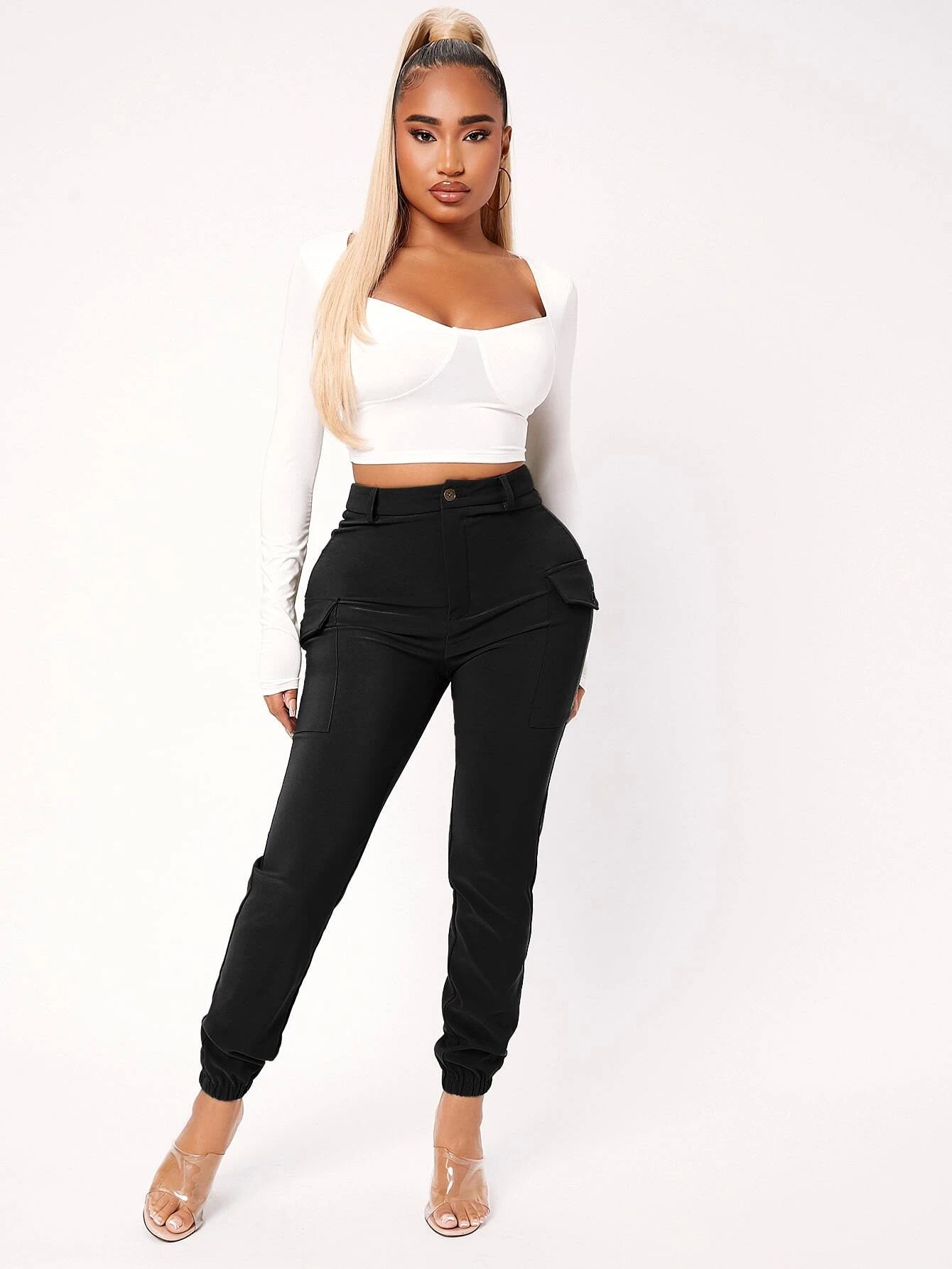 High Waist Flap Pocket Pants in Black – back view detail