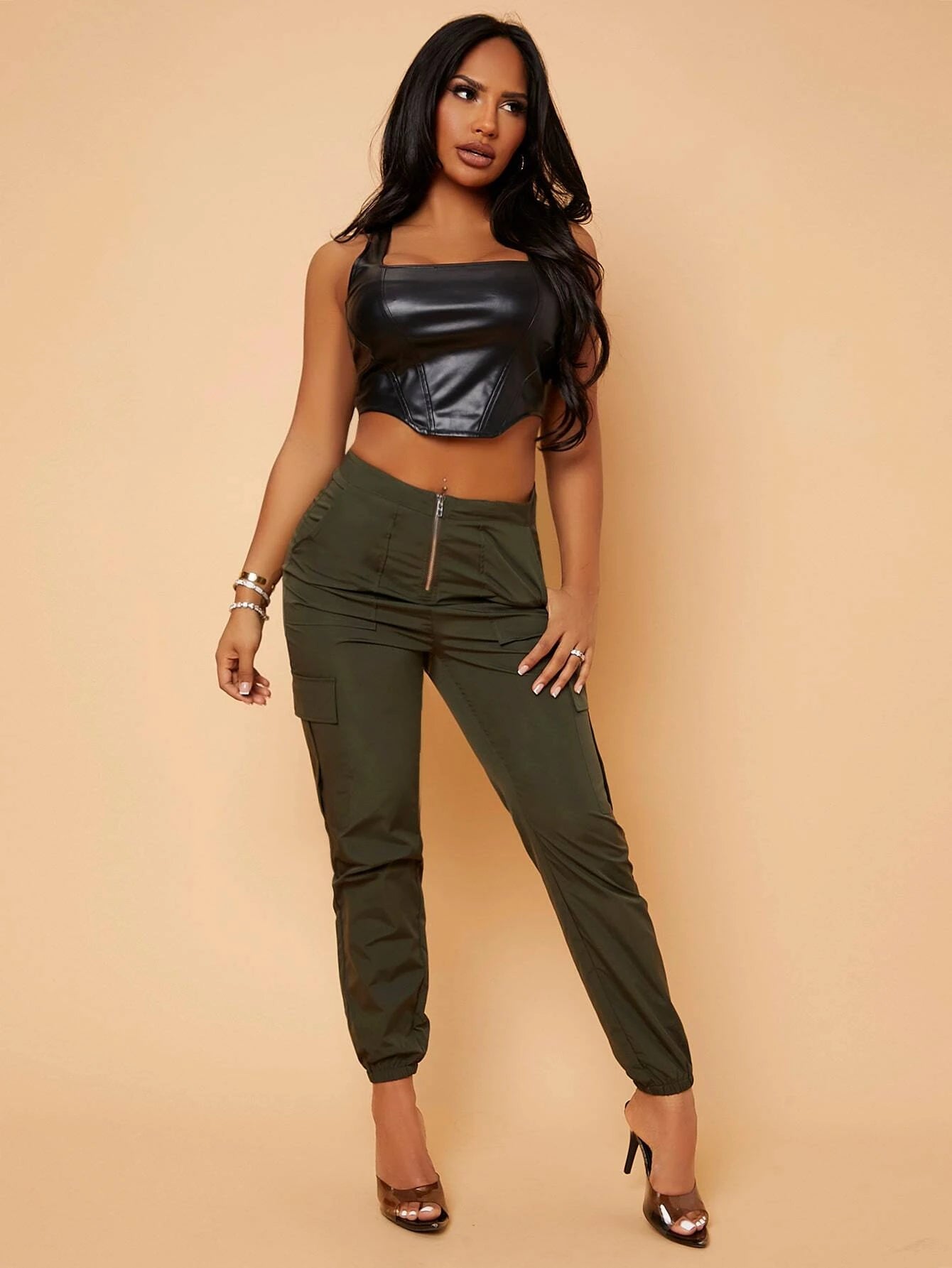 Zip Up Pocket Side Cargo Pants – full length outfit view