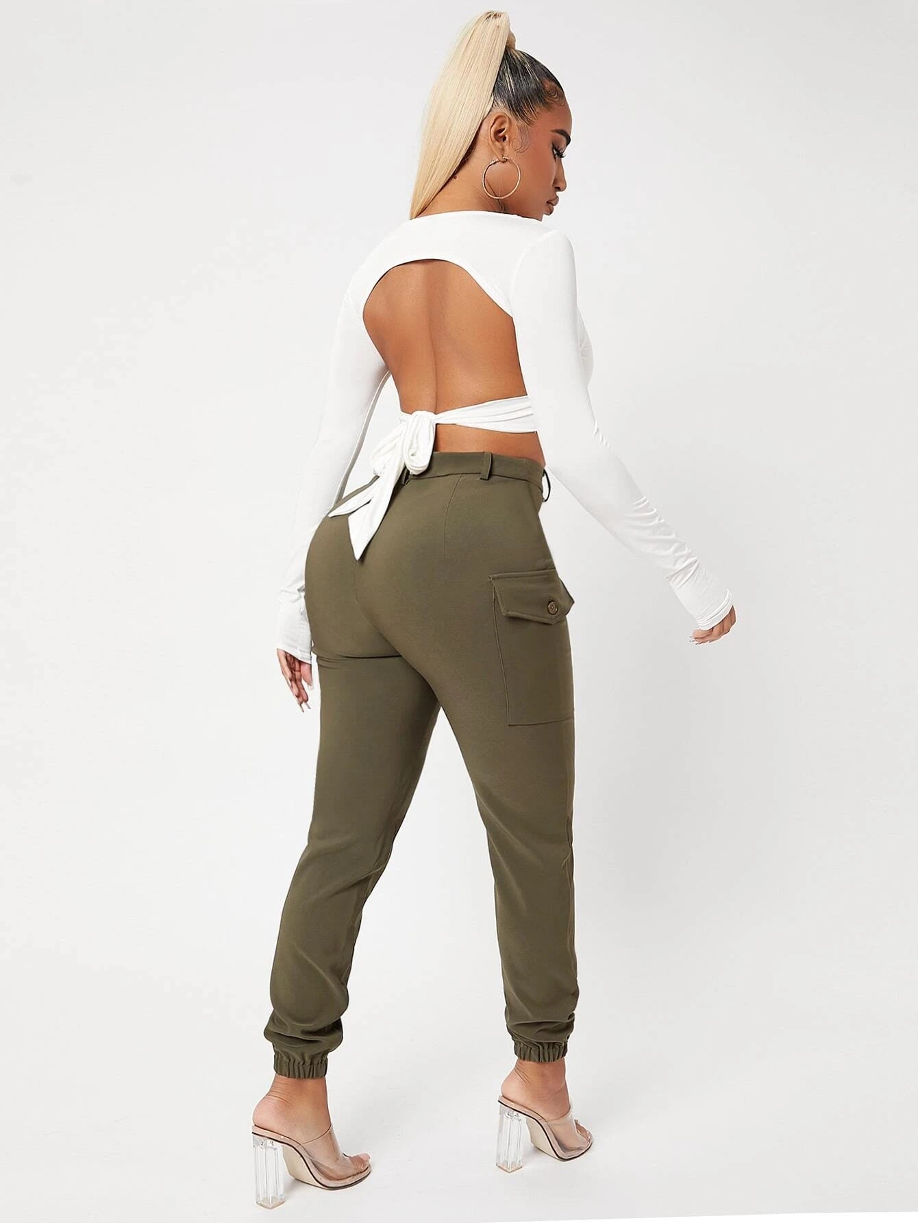 High Waist Flap Pocket Pants in Black – pocket detail close-up