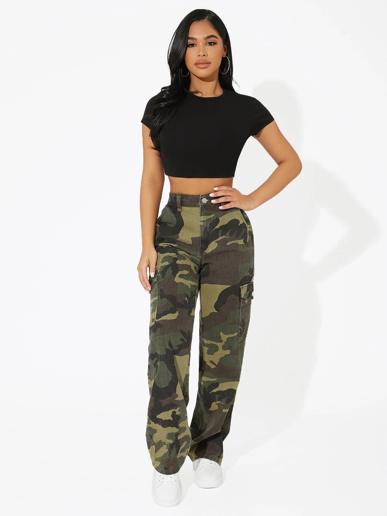 Camo Printed Cargo Jeans in Green/Brown – women's cargo pants front view