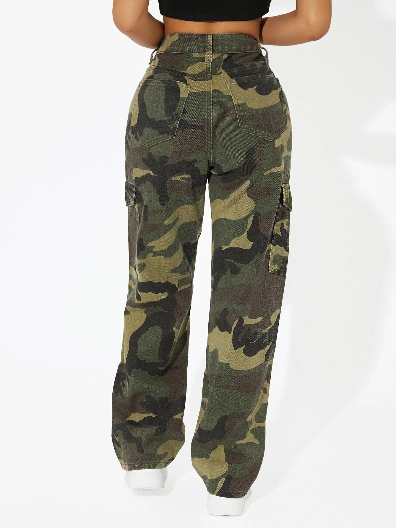 Camo Printed Cargo Jeans in Green/Brown – side profile view