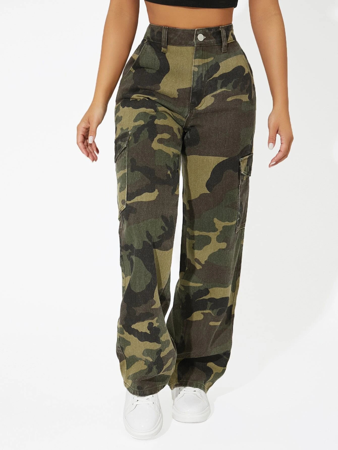 Camo Printed Cargo Jeans in Green/Brown – back view detail