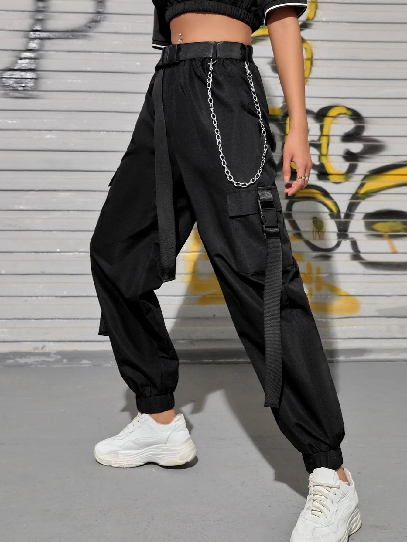 Chain Detail Buckled Belted Cargo Pant – side profile view