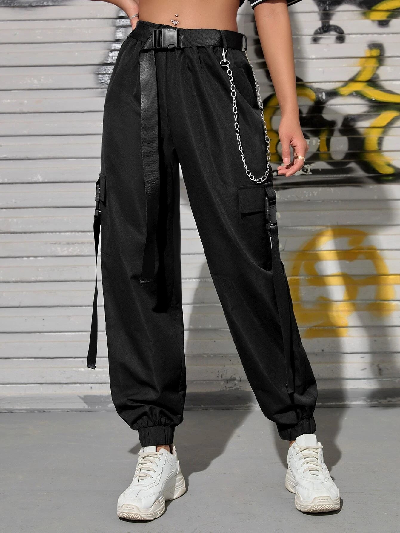 Chain Detail Buckled Belted Cargo Pant – pocket detail close-up