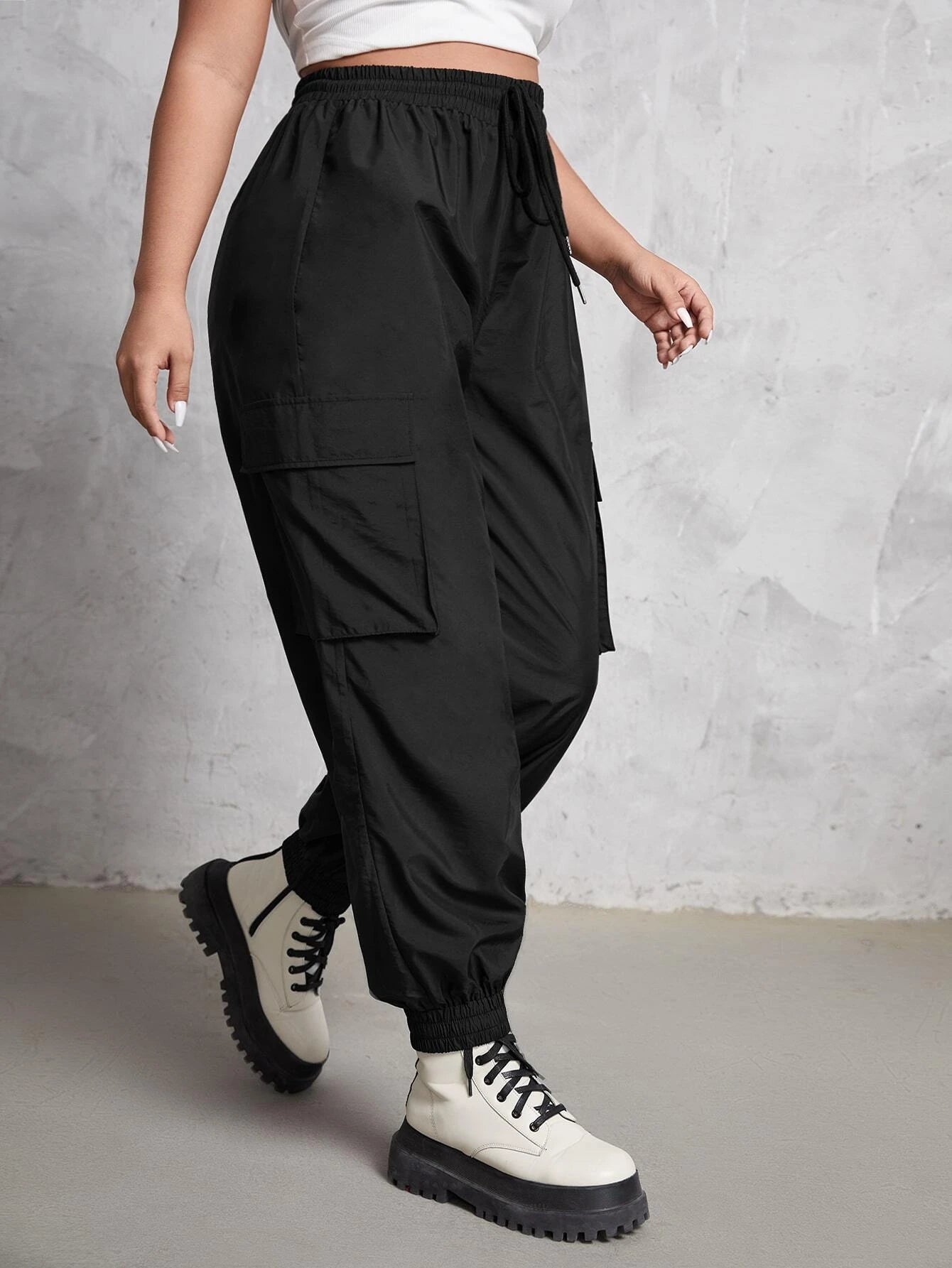Drawstring Waist Flap Pocket Pants – side profile view