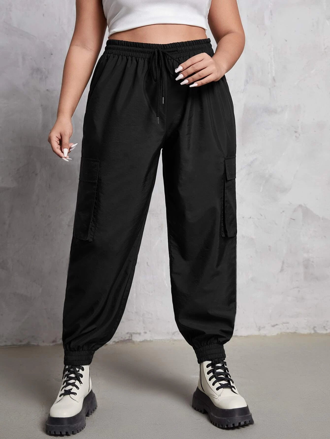 Drawstring Waist Flap Pocket Pants – pocket detail close-up