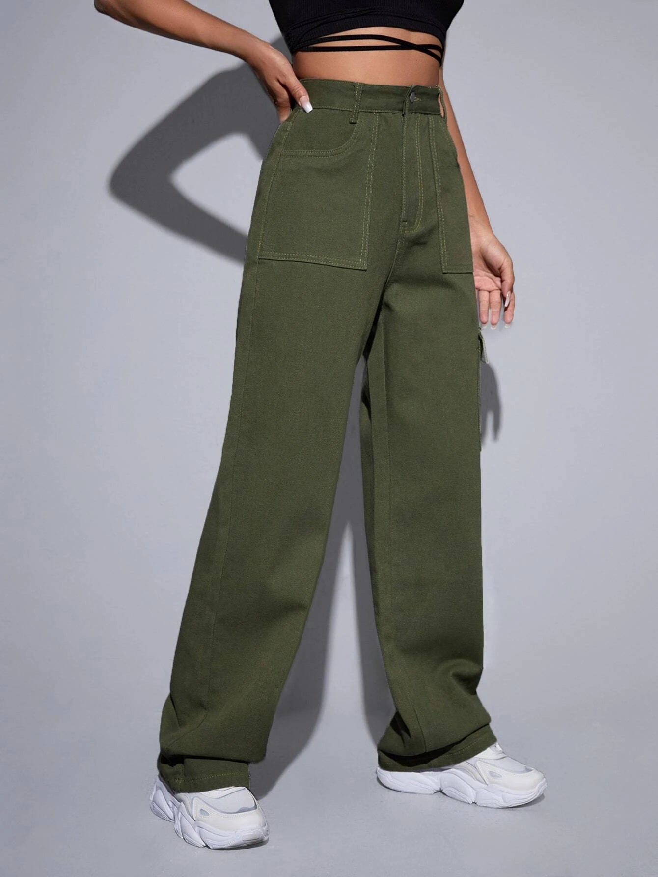 High Waist Button Cargo Jean – model wearing view