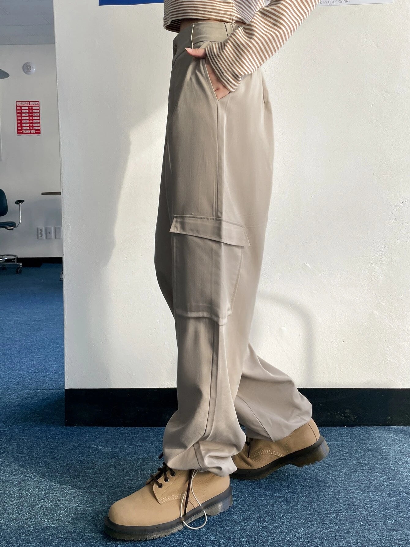 Flap Pocket Drawstring Hem Cargo Pants in Black #ts-6 – fabric detail close-up