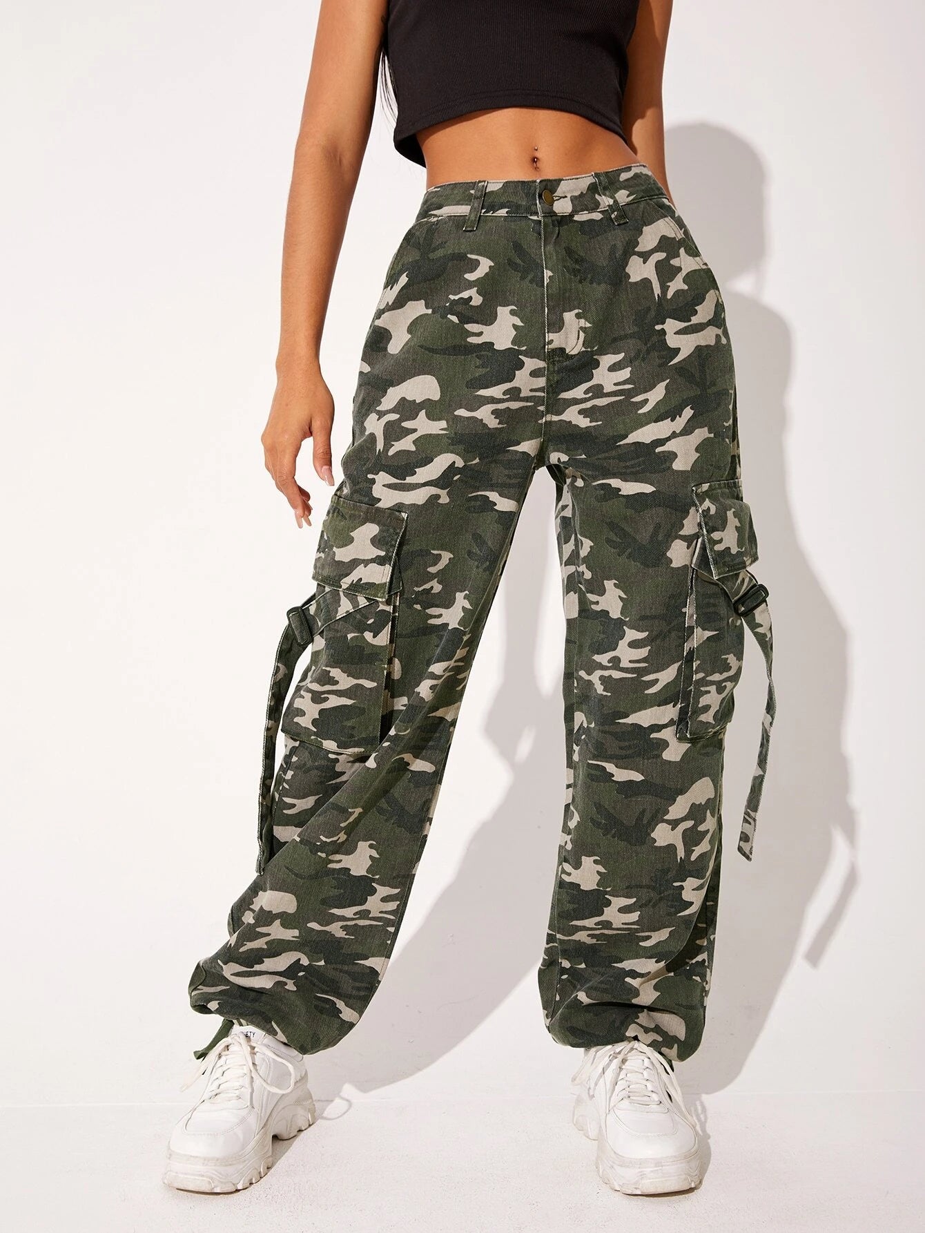 Camo Print Flap Pocket Cargo Jeans – side profile view