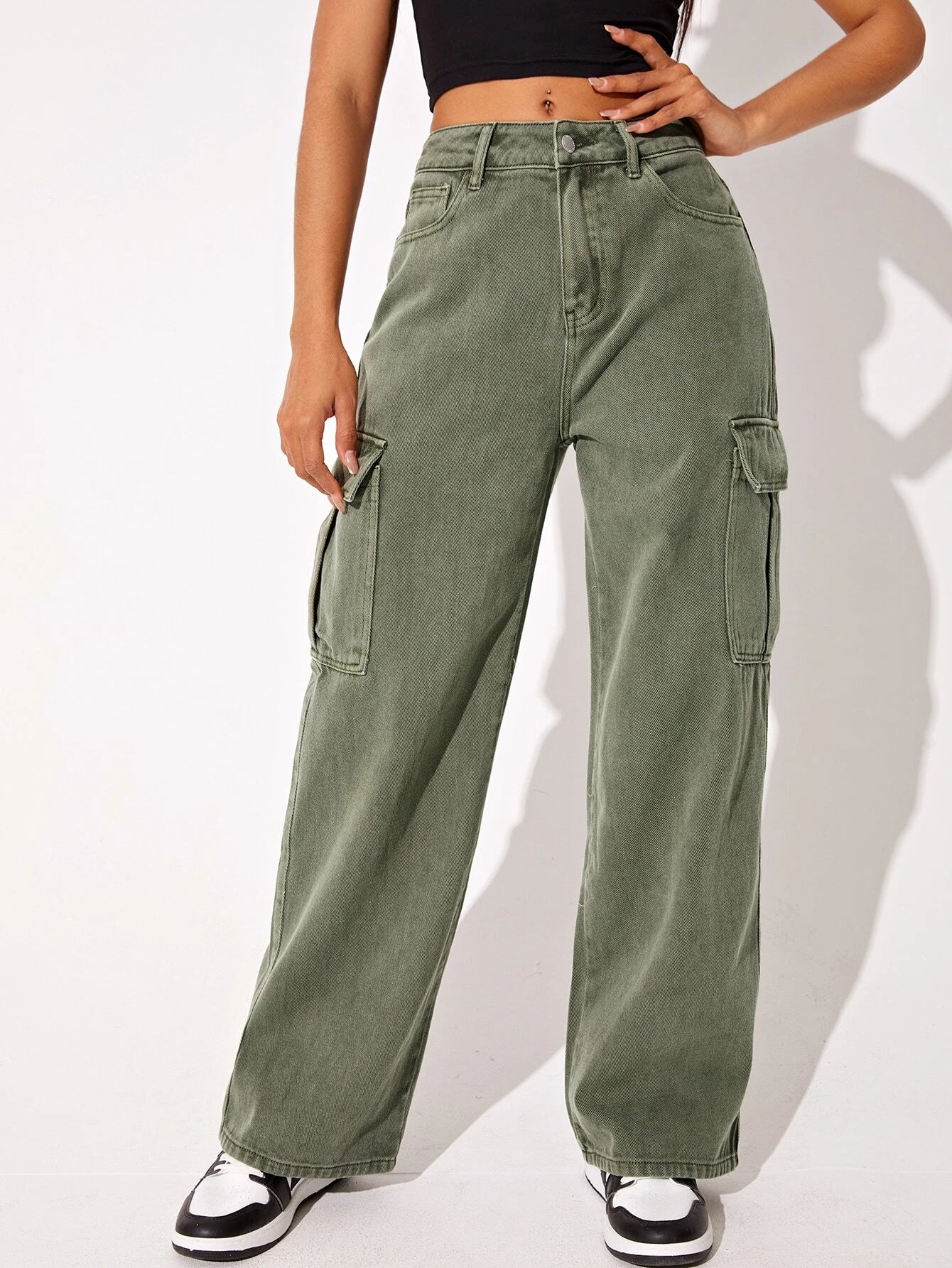 Plain Flap Pocket Cargo Jeans Style 4 – women's cargo pants front view