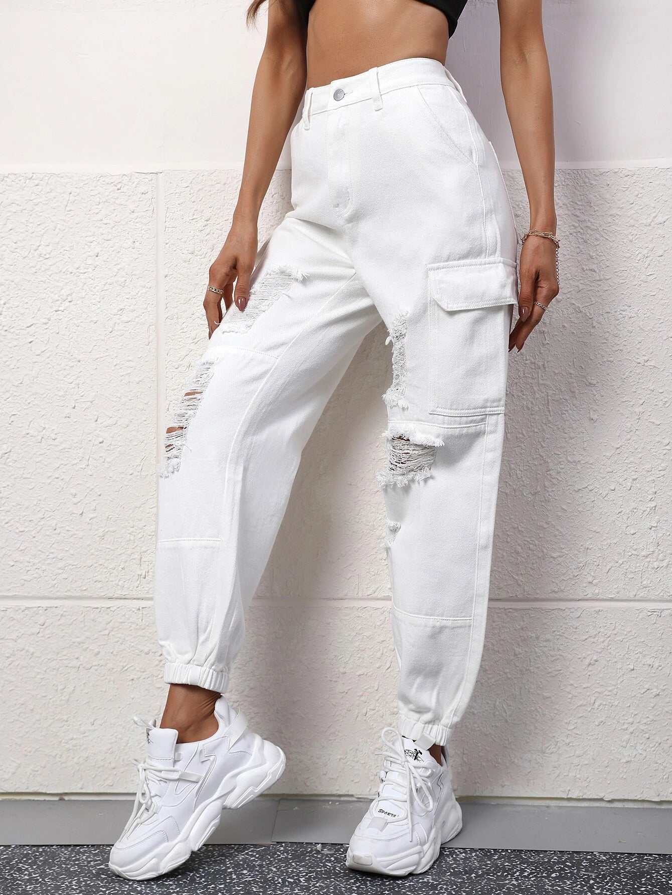 High Rise Ripped Cargo Jean – full length outfit view