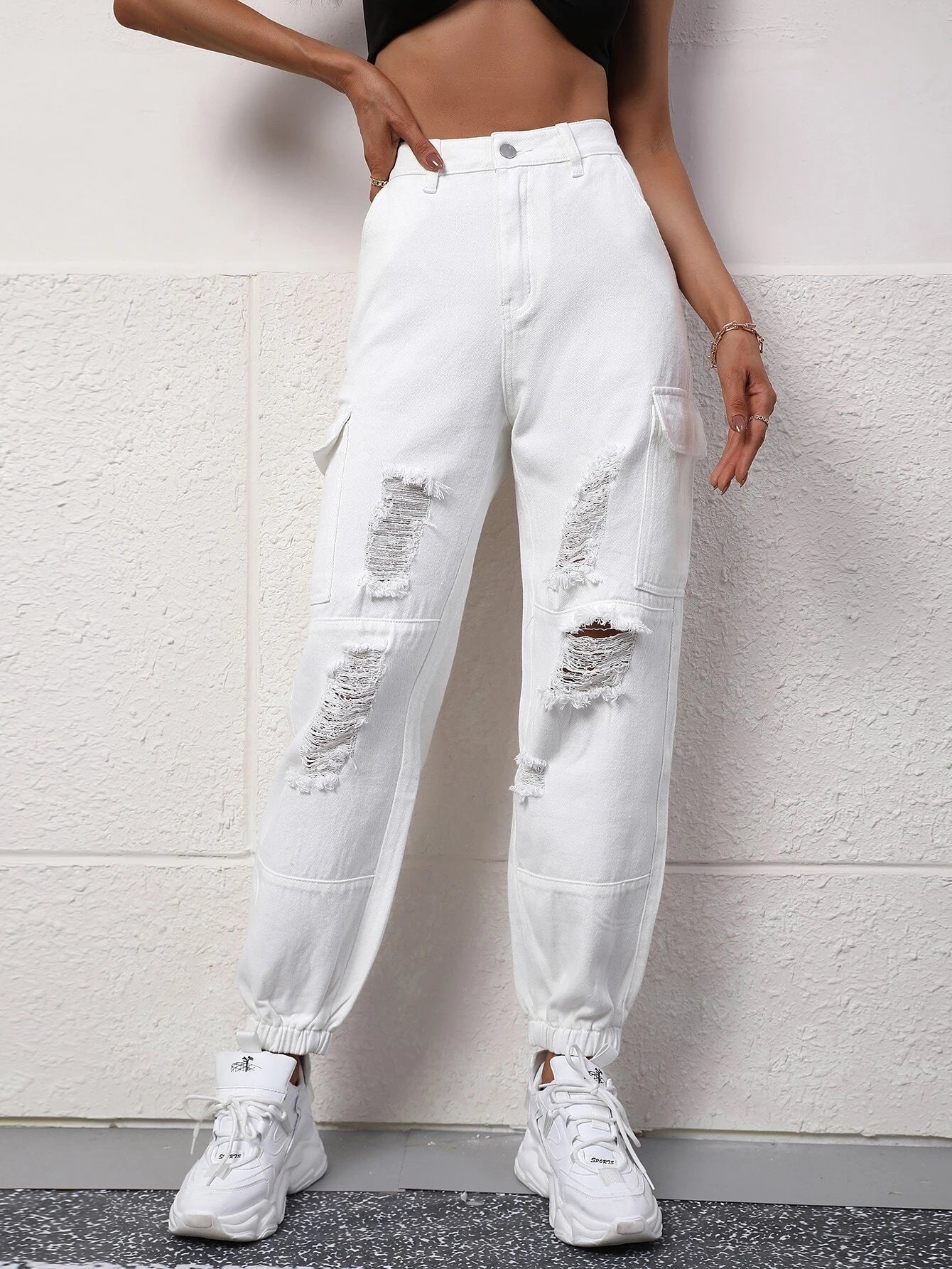 High Rise Ripped Cargo Jean – model wearing view
