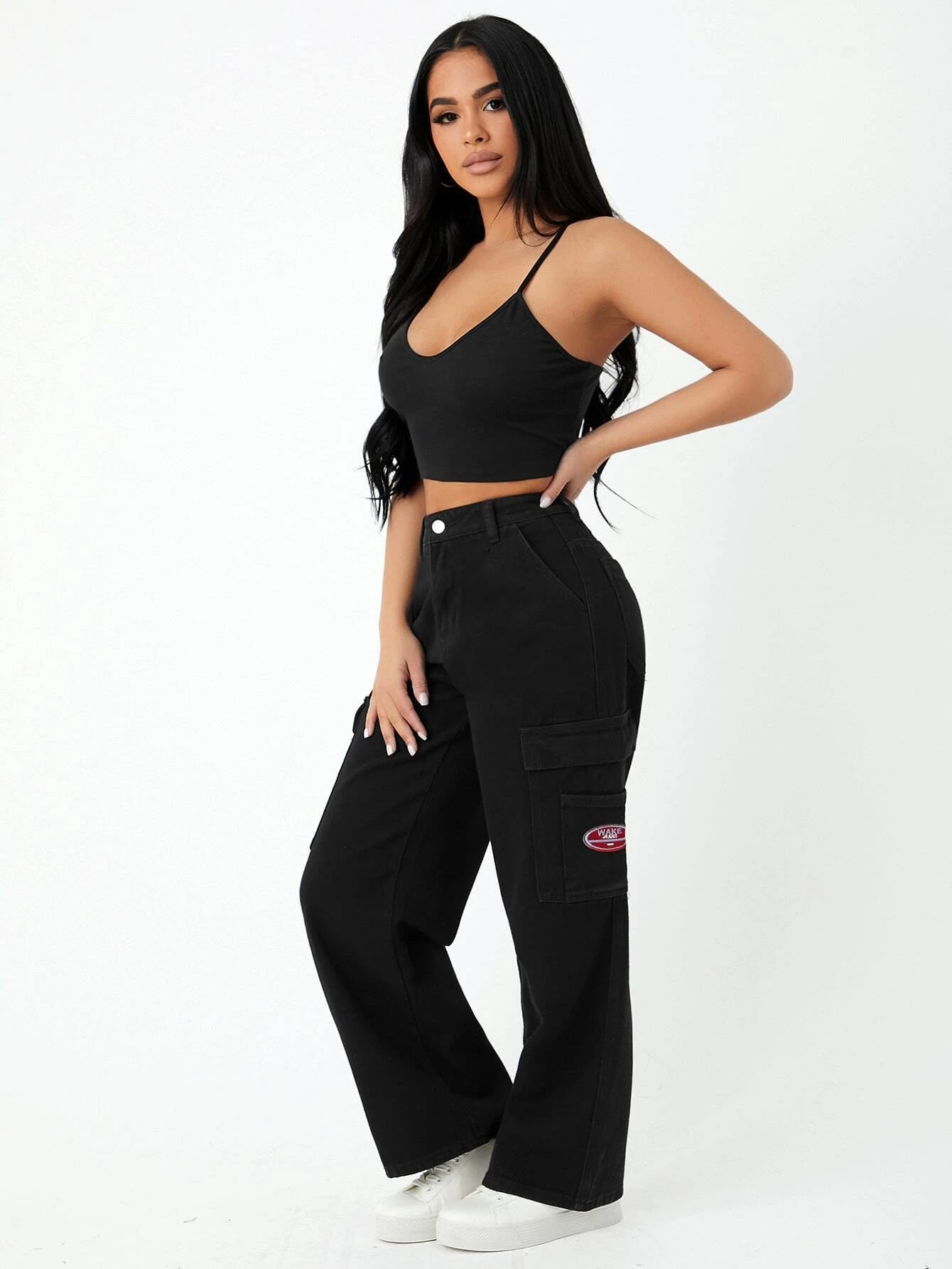 High Waist Side Pocket Wide Jeans – women's cargo pants front view