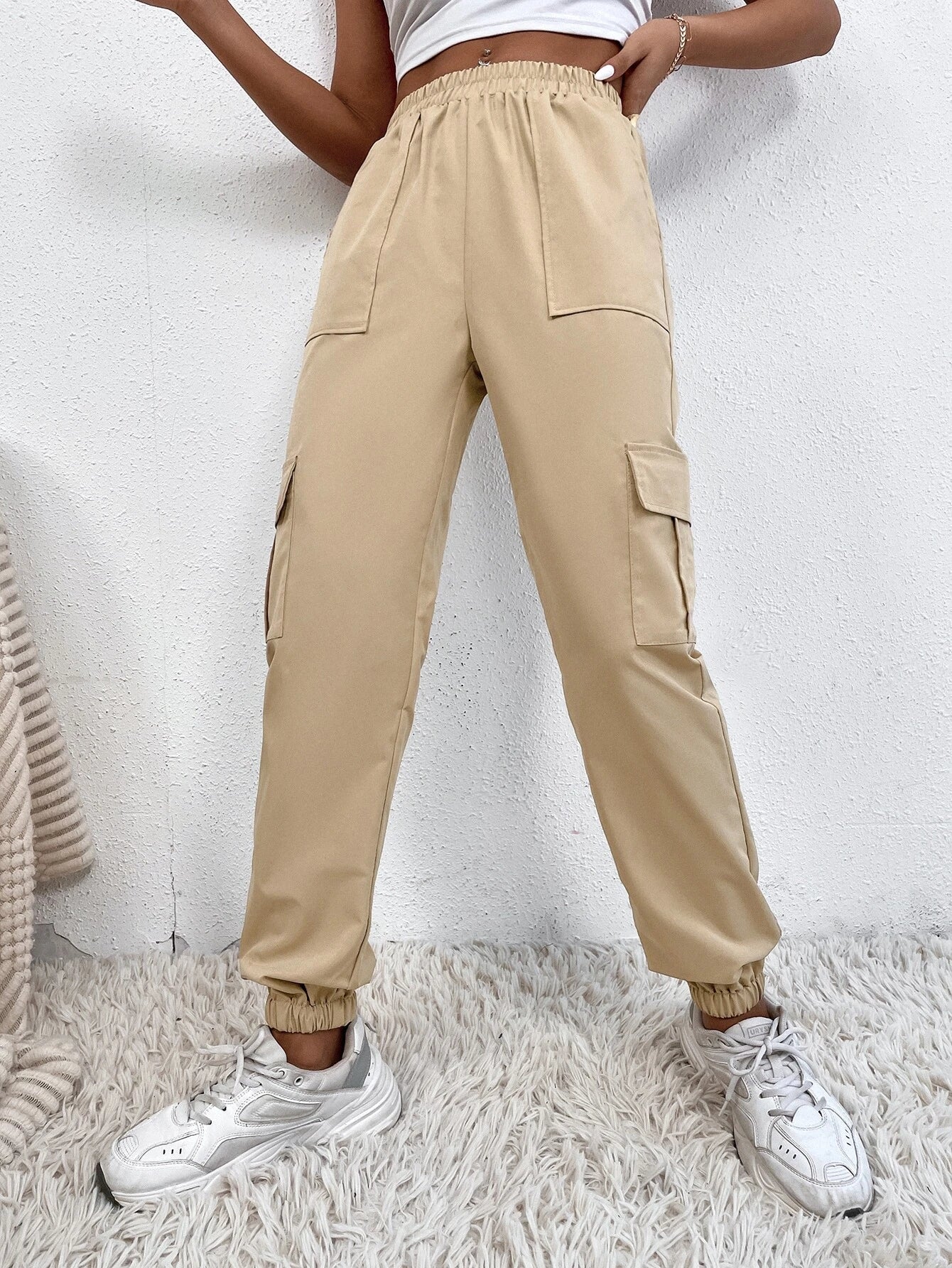 Casual Plain Flap Pocket Side Cargo Pants – women's cargo pants front view