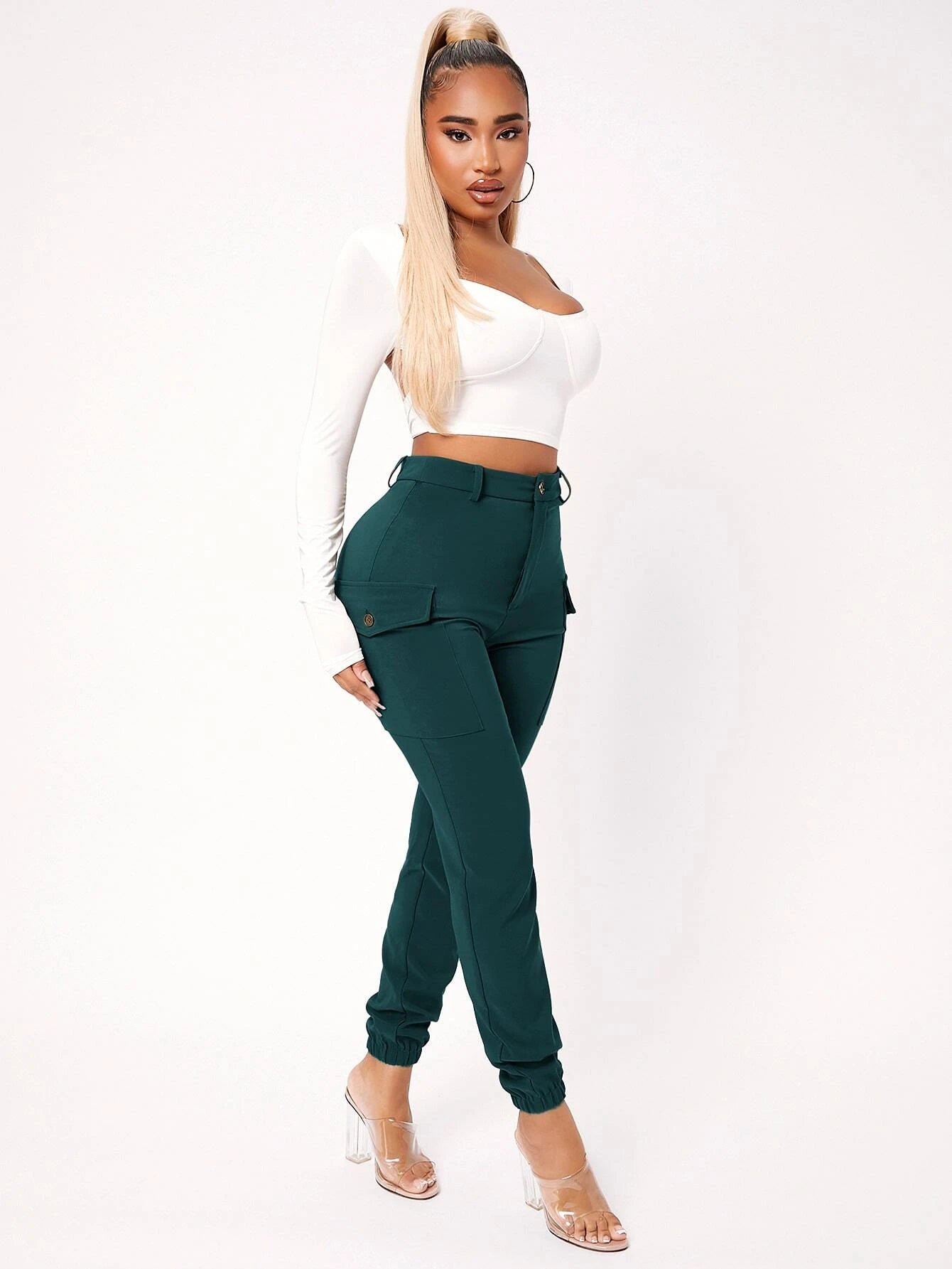 High Waist Flap Pocket Pants in Black – styled outfit view