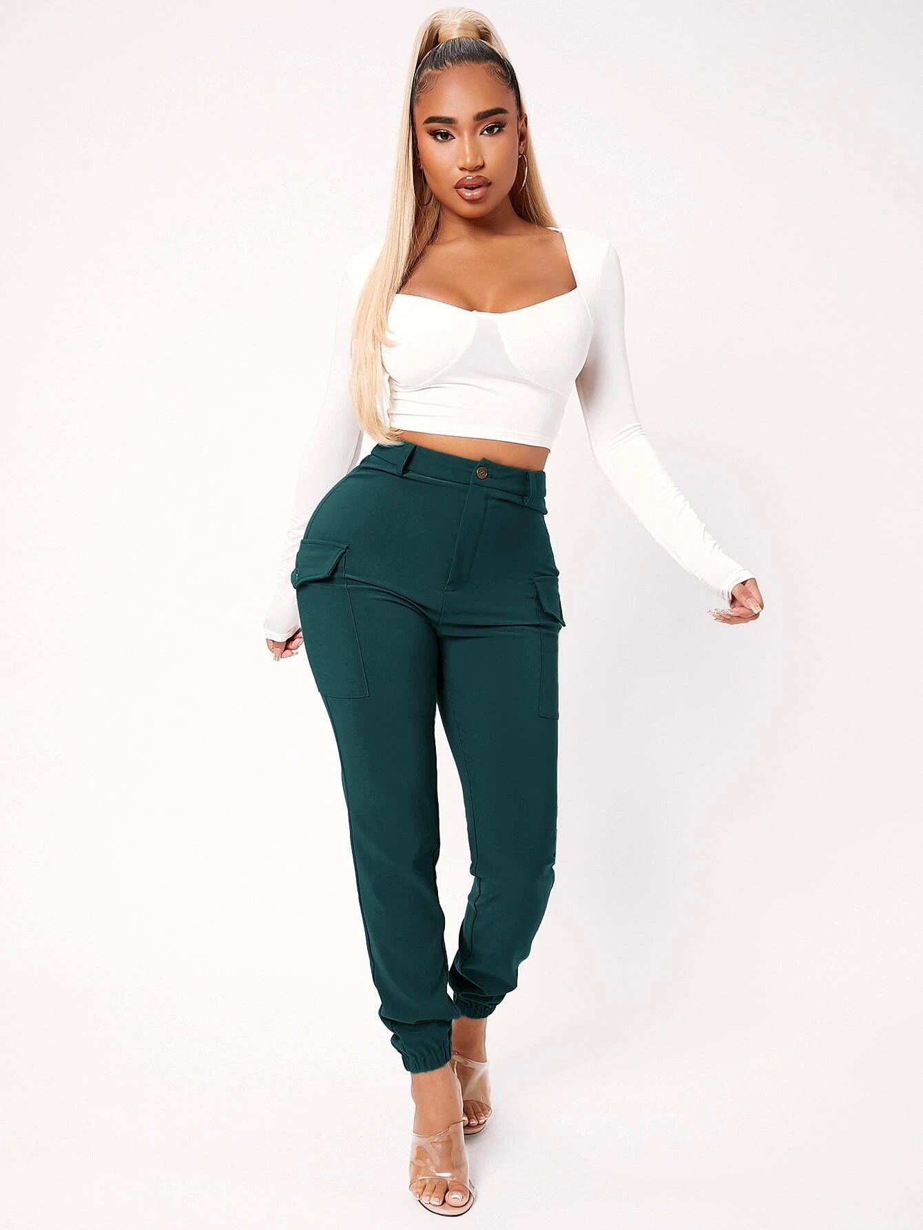 High Waist Flap Pocket Pants in Black – fabric detail close-up