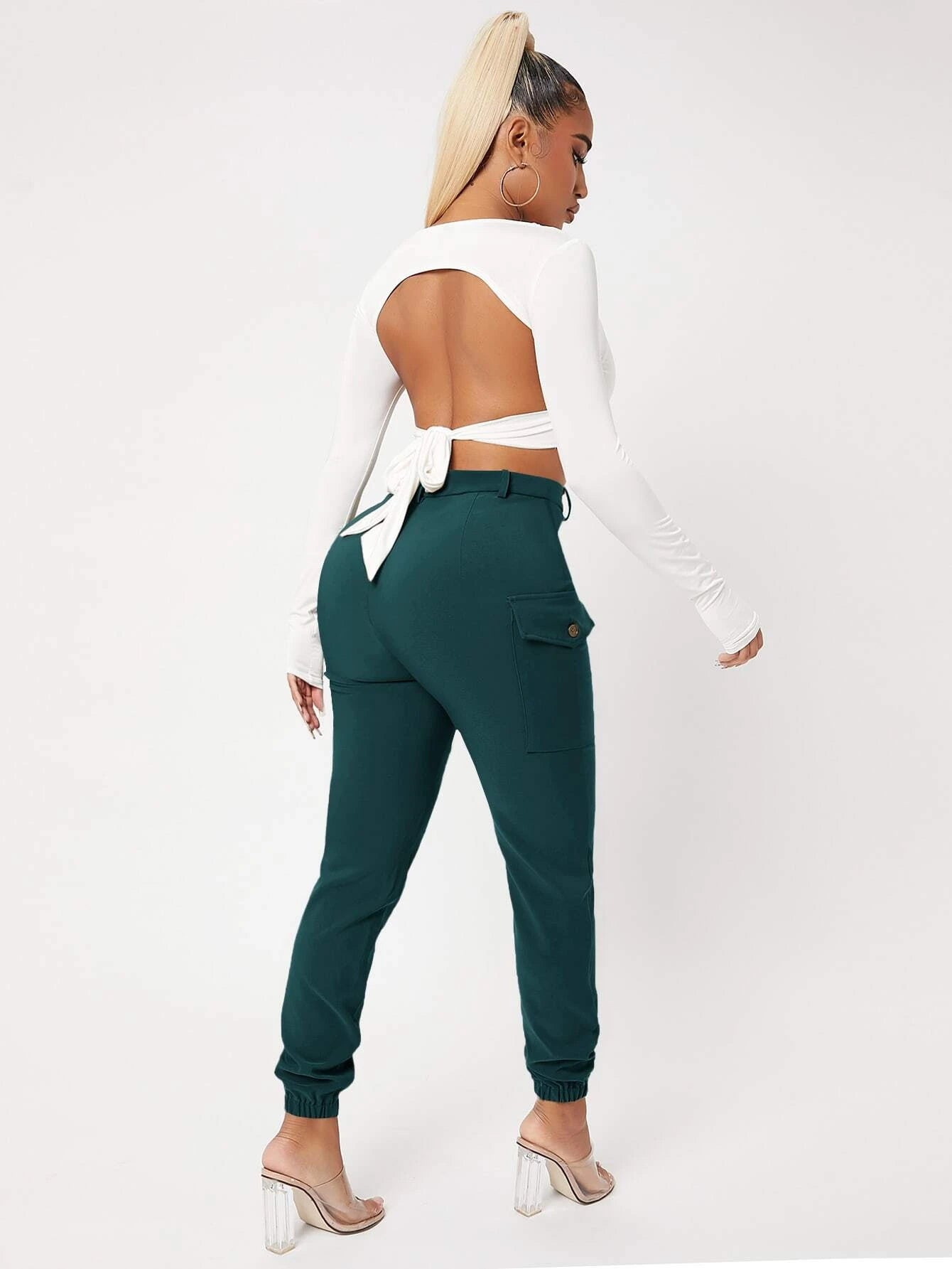 High Waist Flap Pocket Side Pants in Black – lifestyle view 12