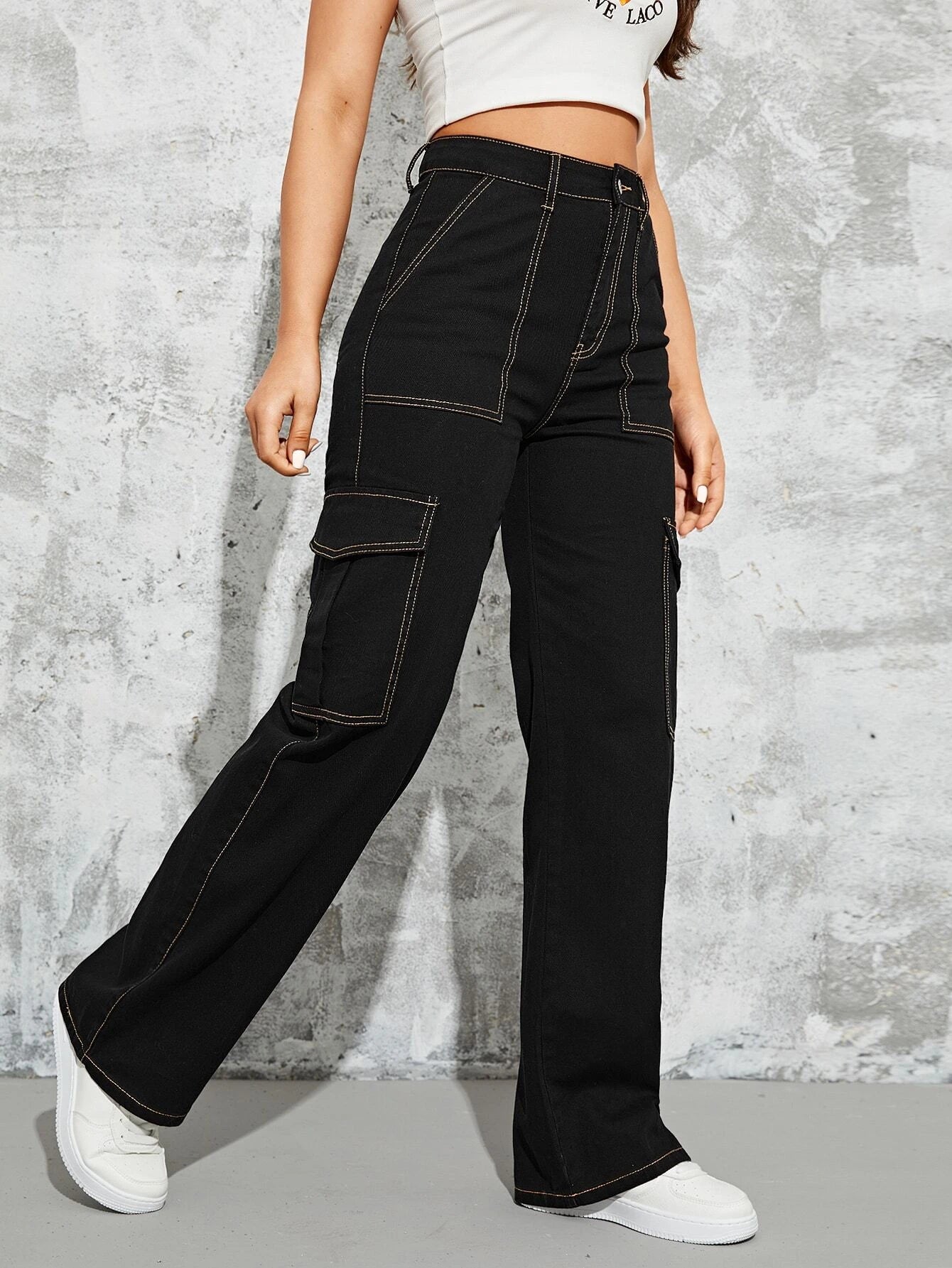 High Waisted Straight Leg Cargo Jeans
