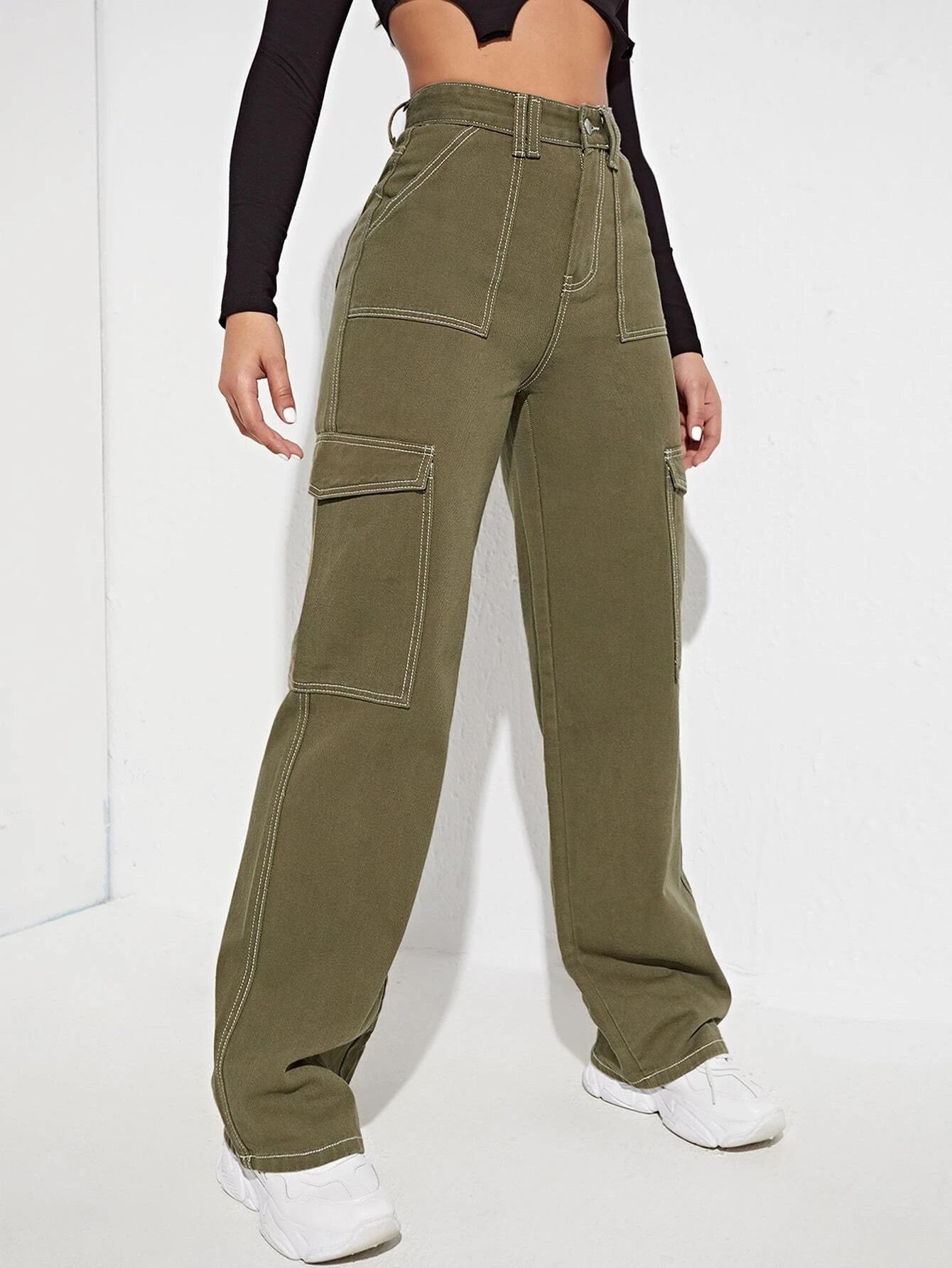 High Waist Side Pocket Jeans in Green – waistband detail