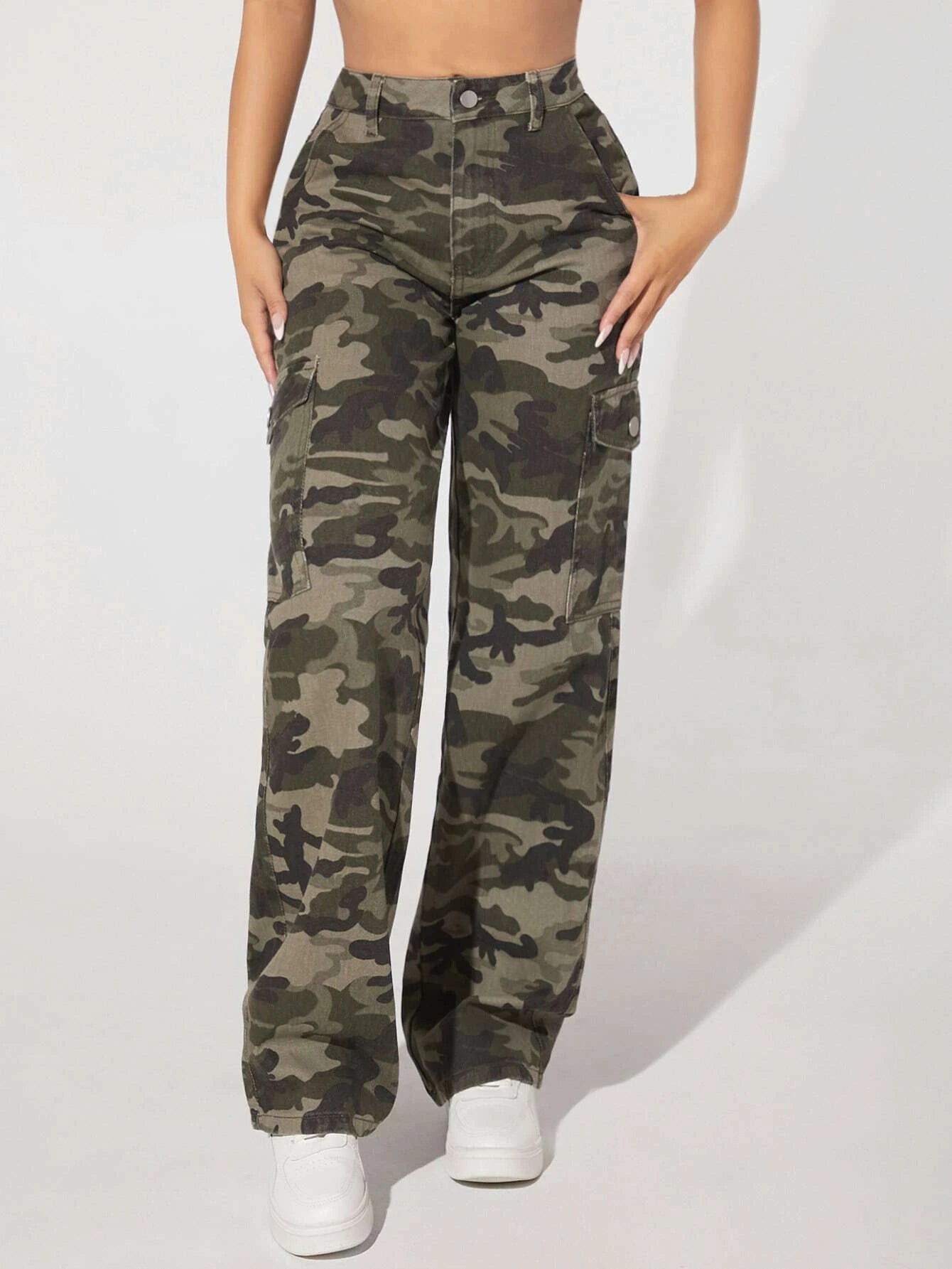 Camo Print Flap Pocket Side High Waist Cargo JeansCamo Print Flap Pocket Side High Waist Cargo Jeans - Image 11