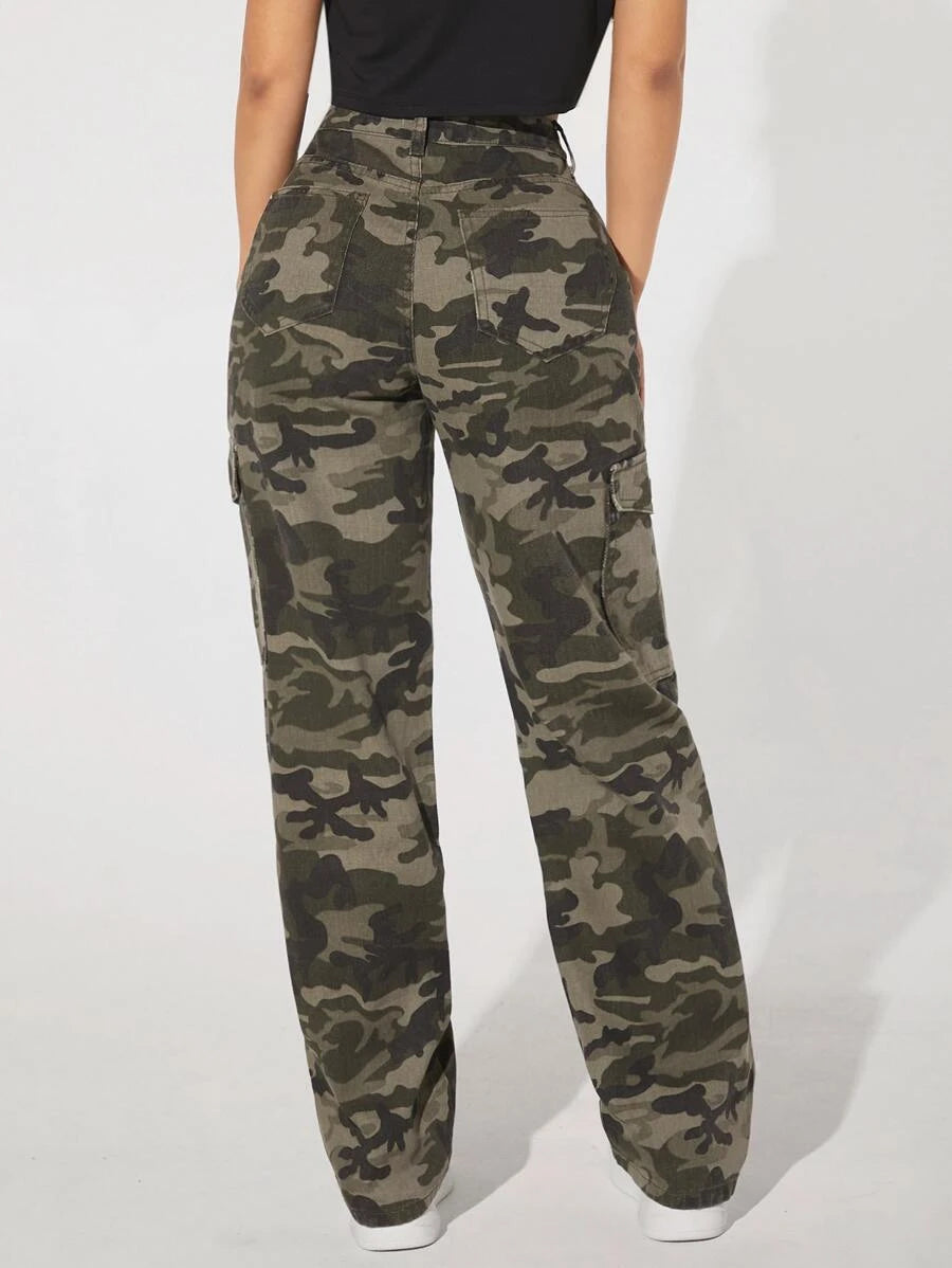 Camo Print Pocket Easy Wear Cargo Jeans – styled outfit view