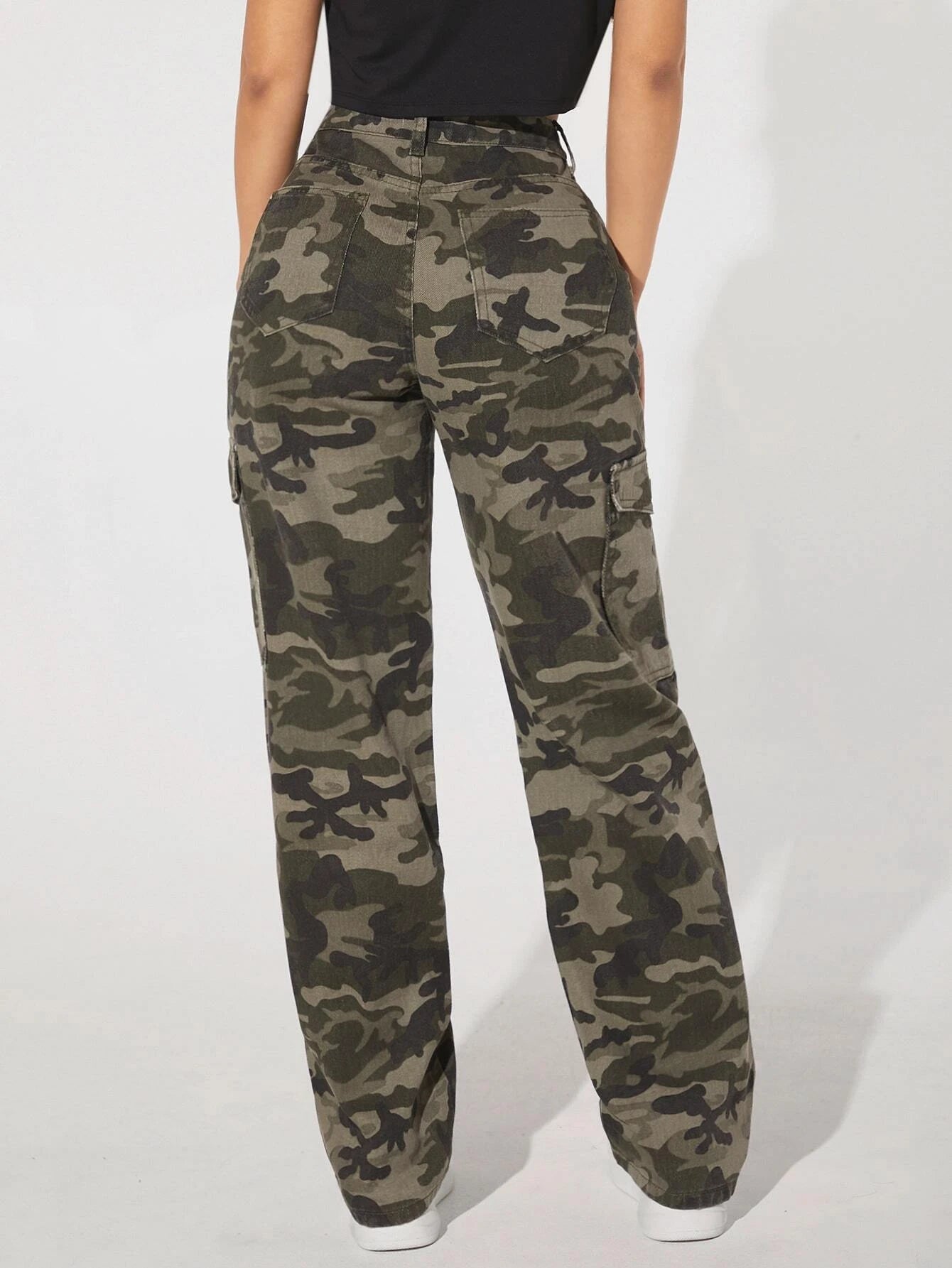 Camo Printed Cargo Jeans in Green – model wearing view
