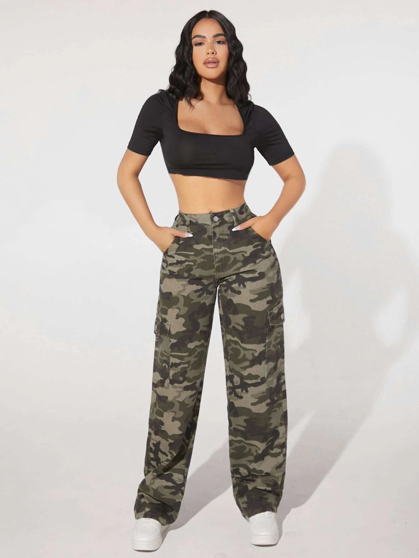 Camo Print Flap Pocket Side High Waist Cargo JeansCamo Print Flap Pocket Side High Waist Cargo Jeans - Image 12