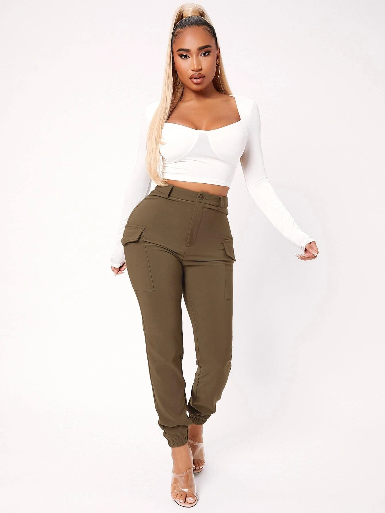 High Waist Flap Pocket Pants in Black – lifestyle view 12