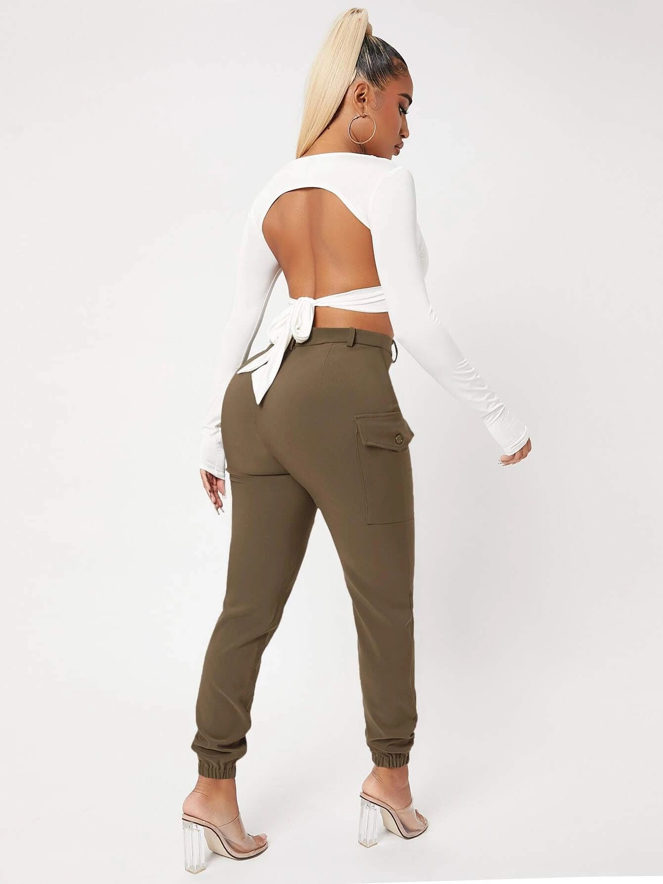 High Waist Flap Pocket Side Pants in Black – lifestyle view 16