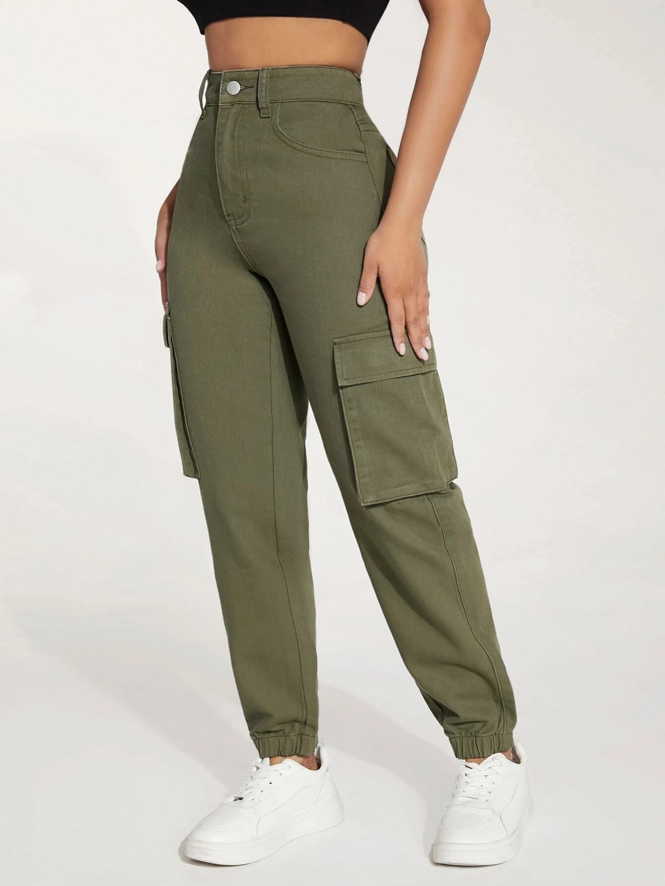 Flap Pocket Side Cargo Jeans in Green – back view detail