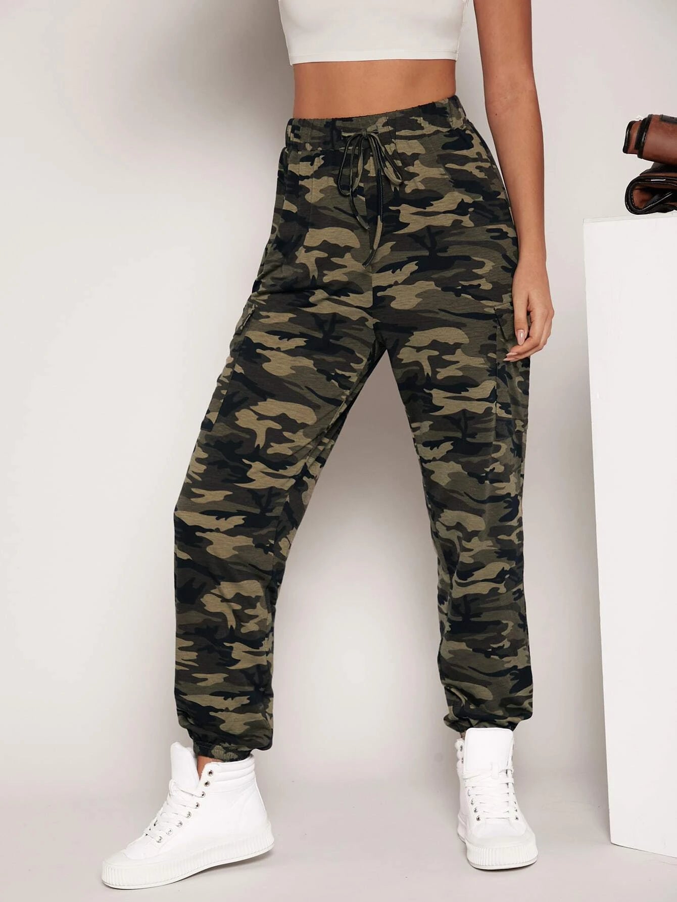 Camo Print Drawstring Waist Cargo Pants – women's cargo pants front view
