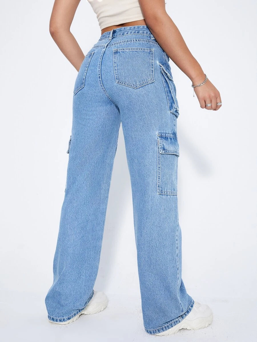 High Waist Flap Pocket Cargo Jeans in Black – full length outfit view