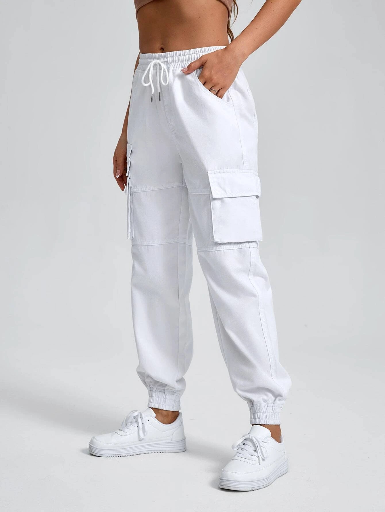 Drawstring Waist Flap Pocket Cargo Jean – pocket detail close-up