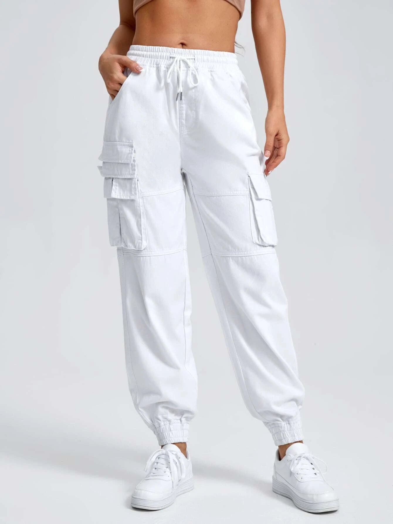 Drawstring Waist Flap Pocket Cargo Jean – women's cargo pants front view