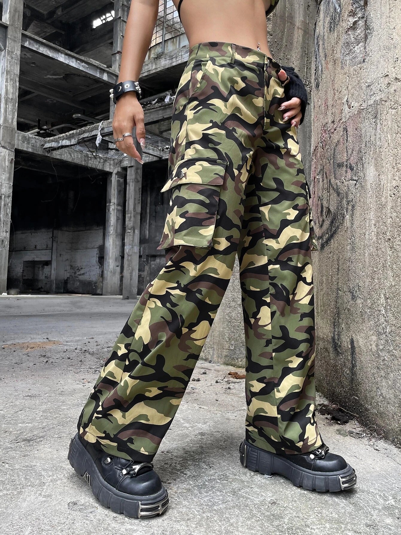 Camo Printed Pocket Cargo Pants – pocket detail close-up