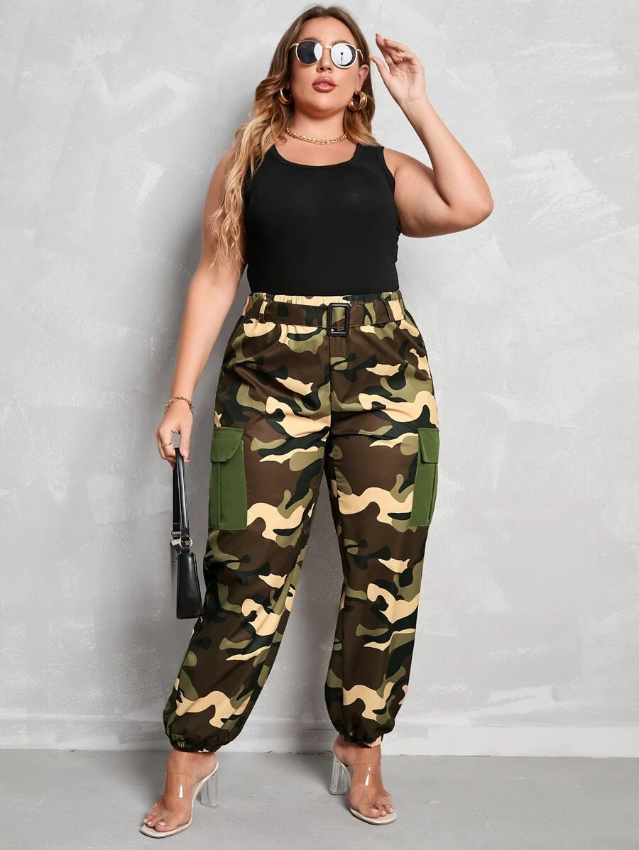 Camo Print Flap Side Pocket Cargo Pants – side profile view