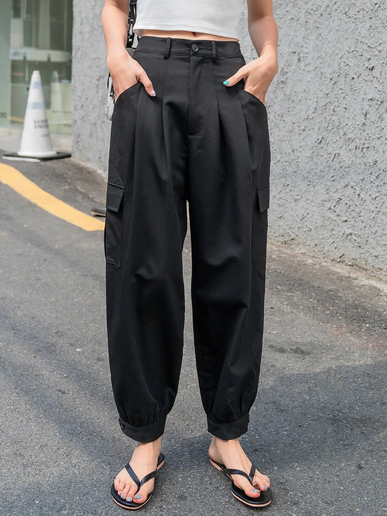 Side Pleated Flap Pocket Cargo Pants – full length outfit view