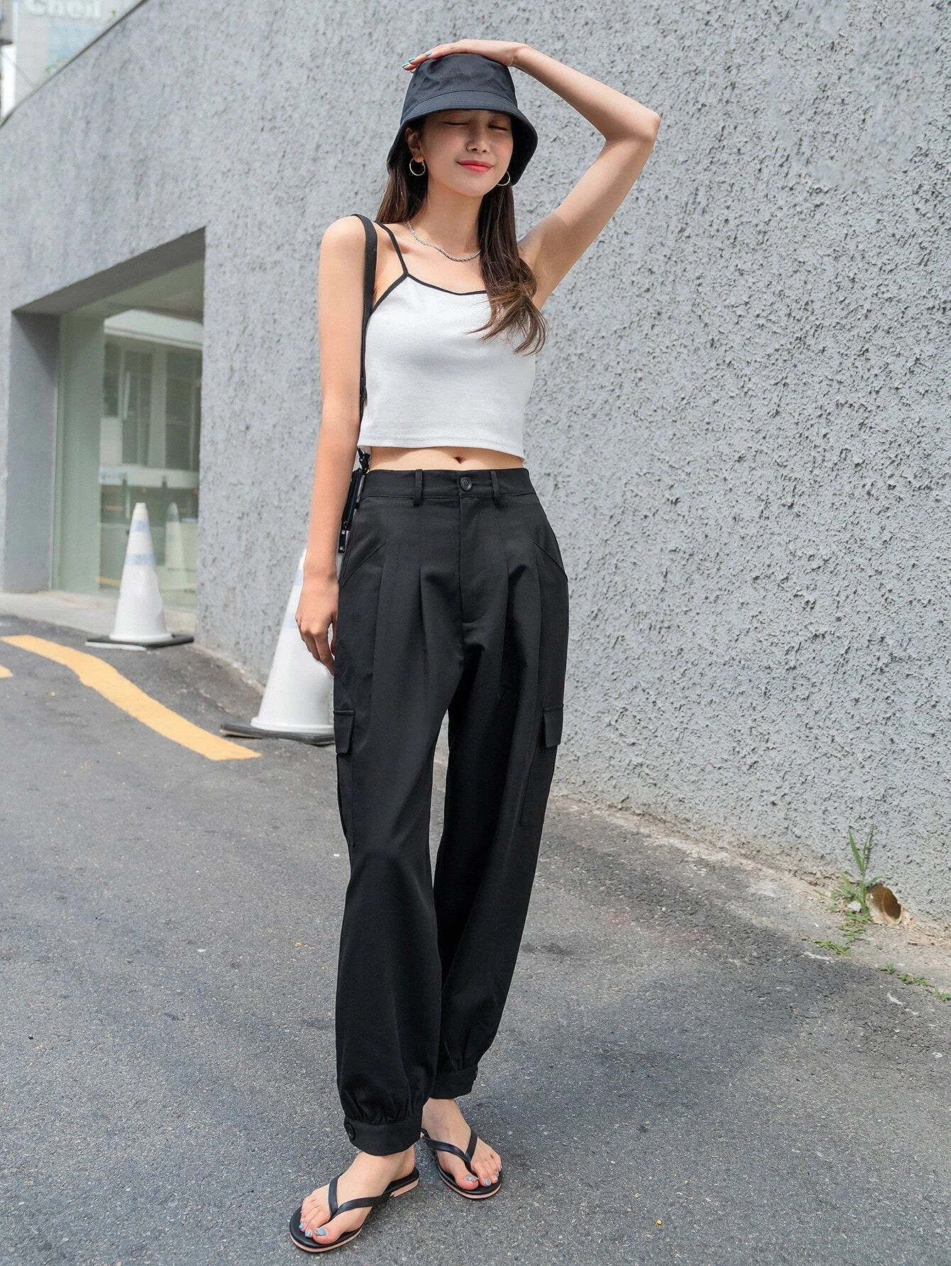Side Pleated Flap Pocket Cargo Pants – styled outfit view
