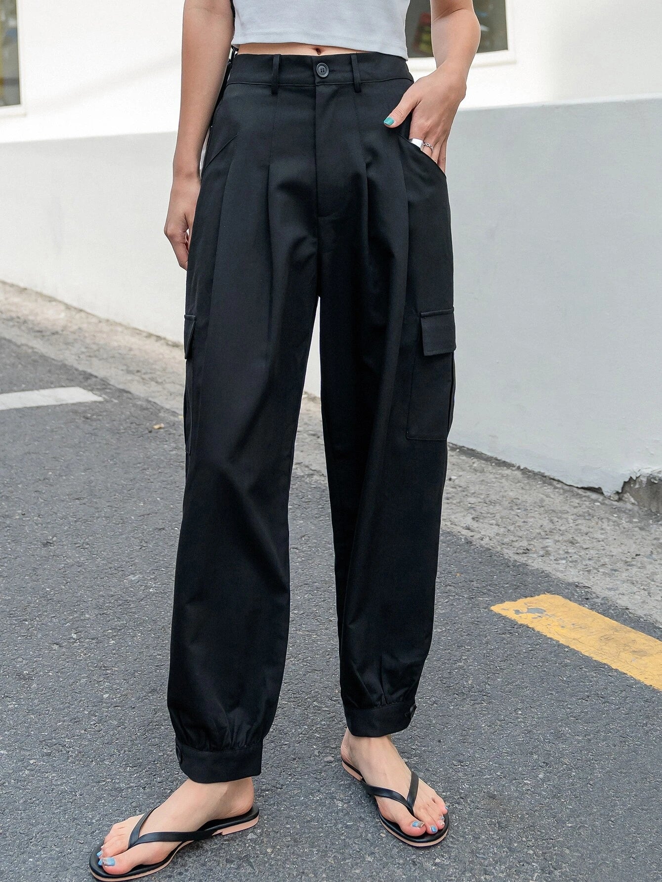 Side Pleated Flap Pocket Cargo Pants – model wearing view