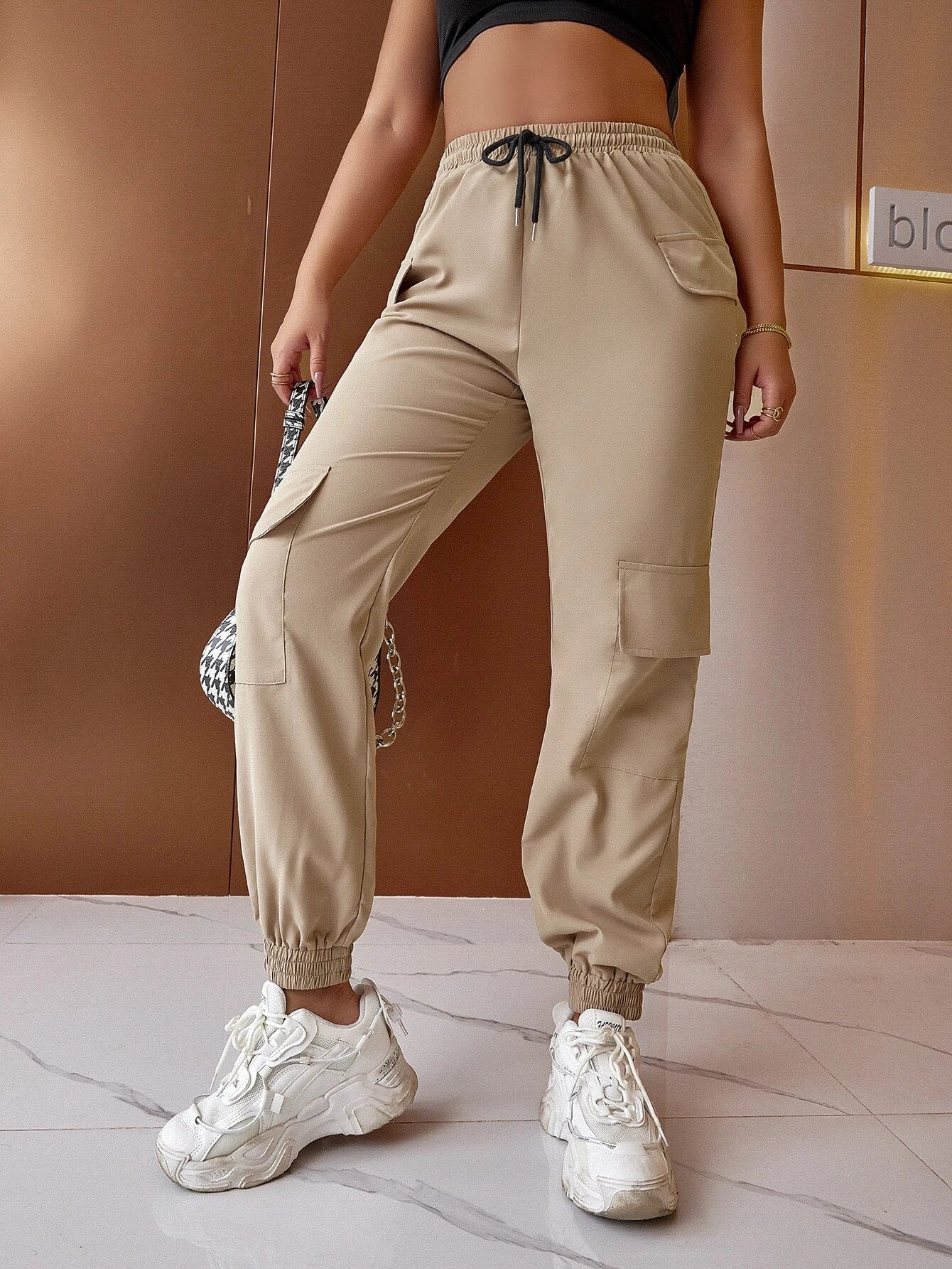Solid Color Drawstring Cargo Pants – women's cargo pants front view
