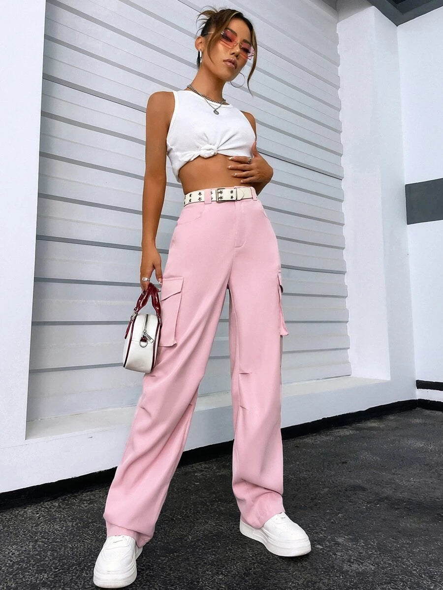 Solid Flap Pocket Side Cargo Pants – styled outfit view