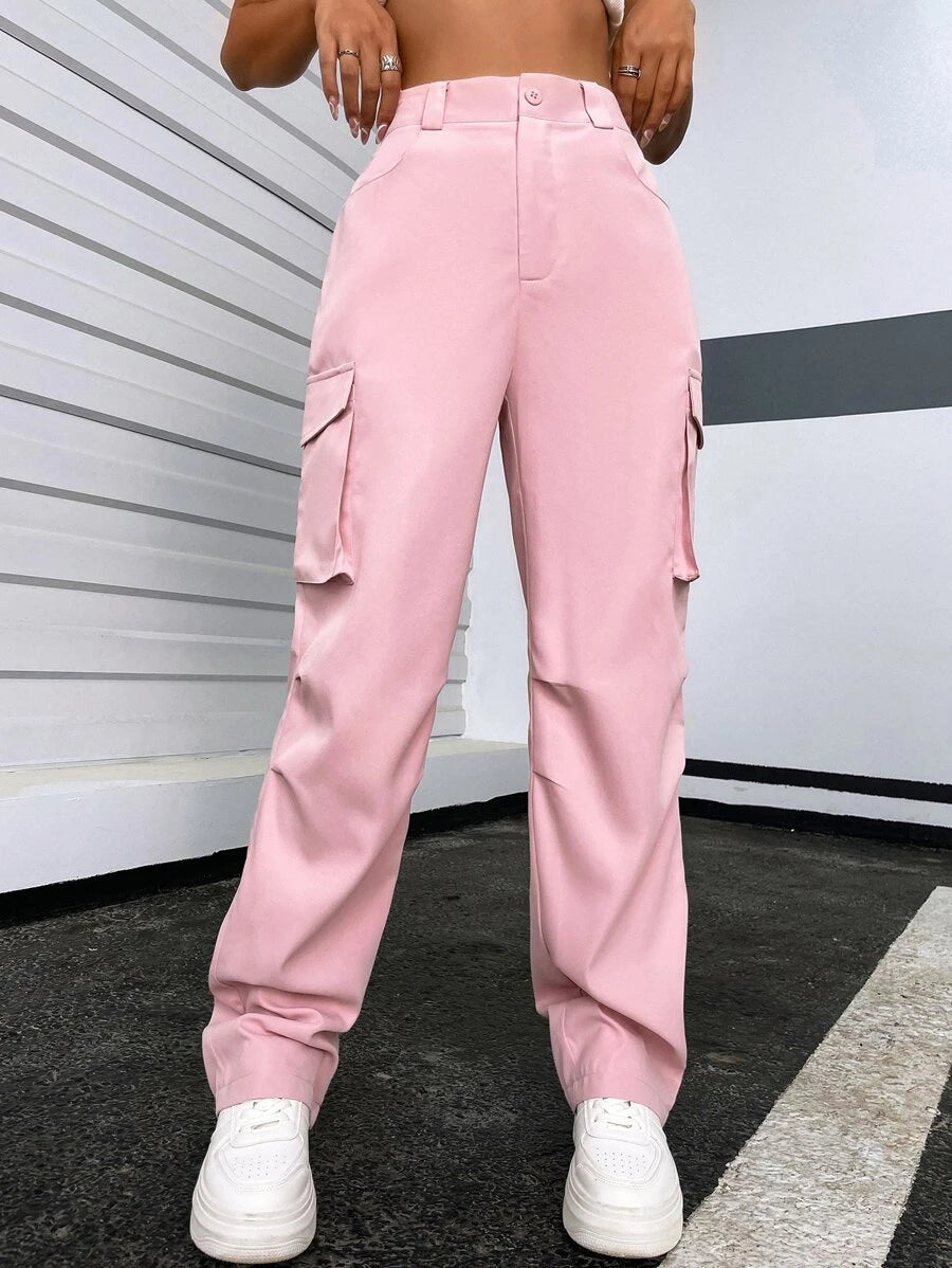Solid Flap Pocket Side Cargo Pants – side profile view
