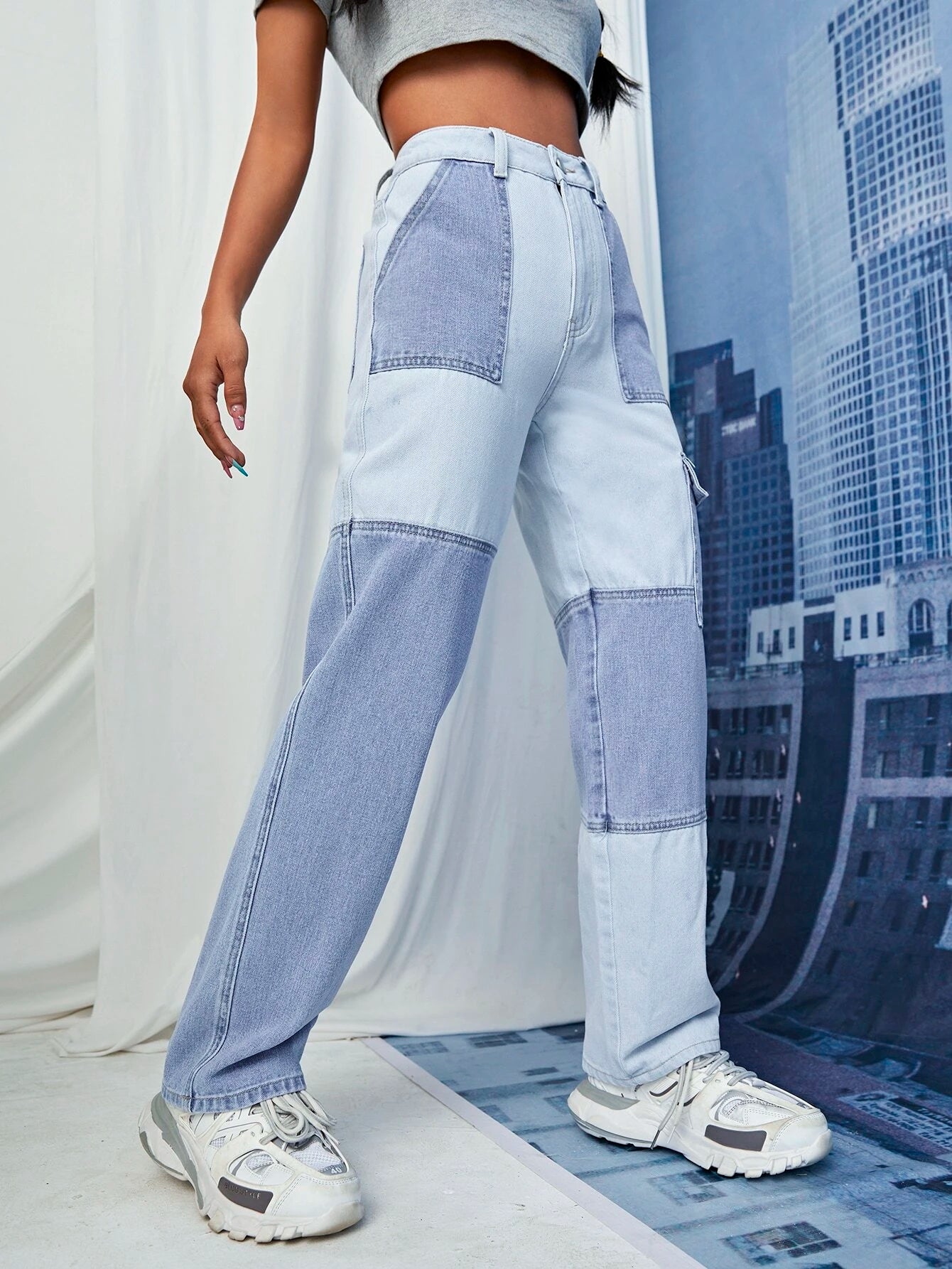 High Waist Cargo Jeans in White/Green – model wearing view